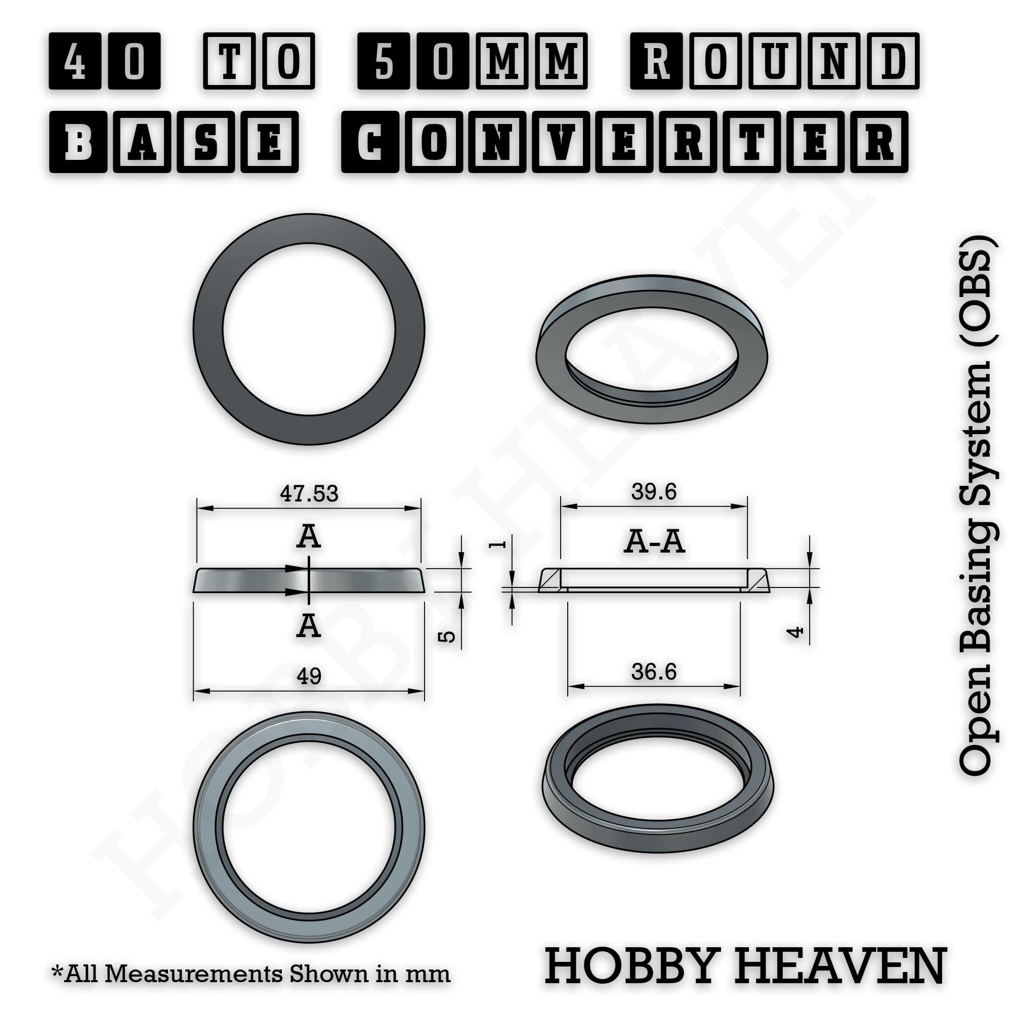 Base 40 to 50mm round bases Converters x1 pcs Round Bases Size Converters Round to Round 3d Print Full Range