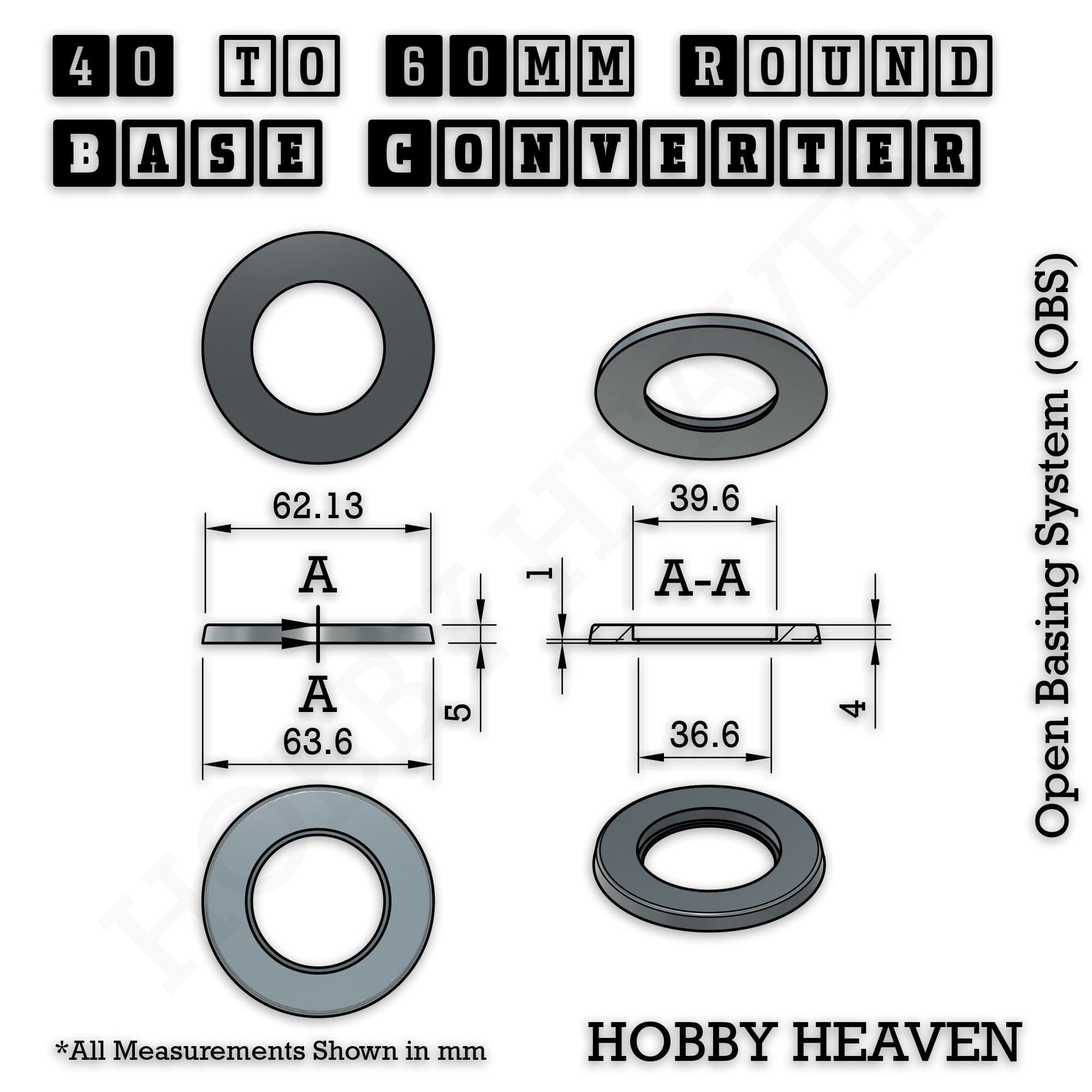 Base 40 to 60mm round bases Converters x1 pcs Round Bases Size Converters Round to Round 3d Print Full Range