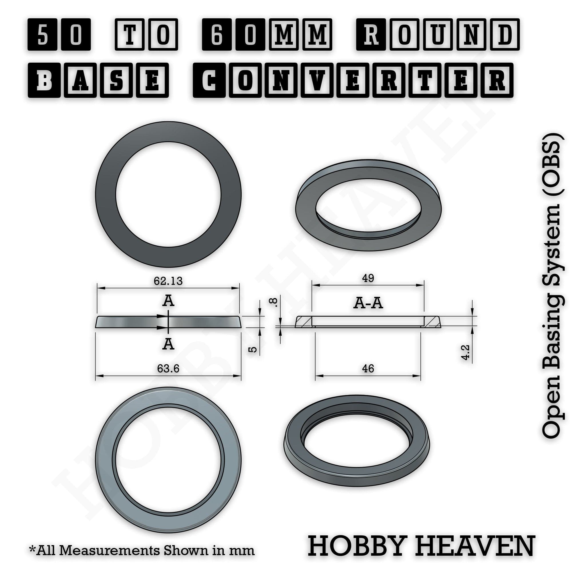 Base 50 to 60mm round bases Converters x1 pcs Round Bases Size Converters Round to Round 3d Print Full Range