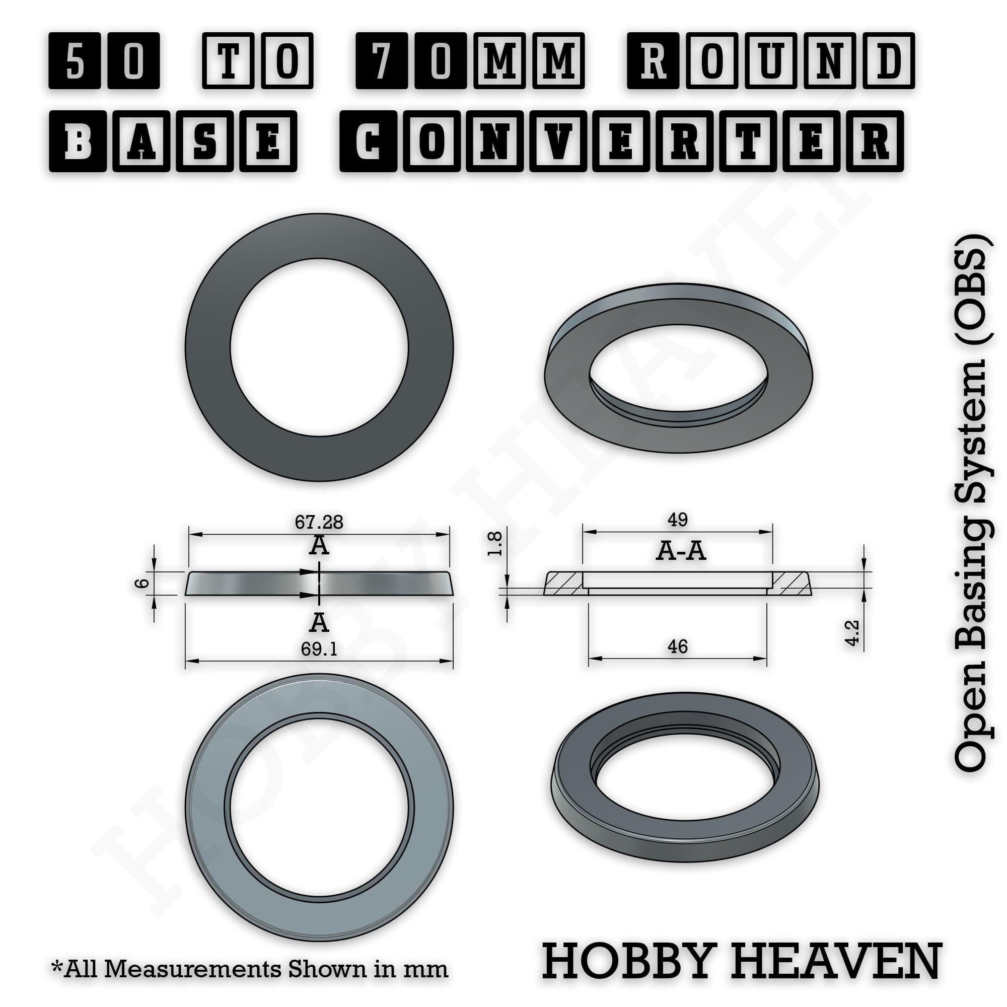 Base 50 to 70mm round bases Converters x1 pcs Round Bases Size Converters Round to Round 3d Print Full Range