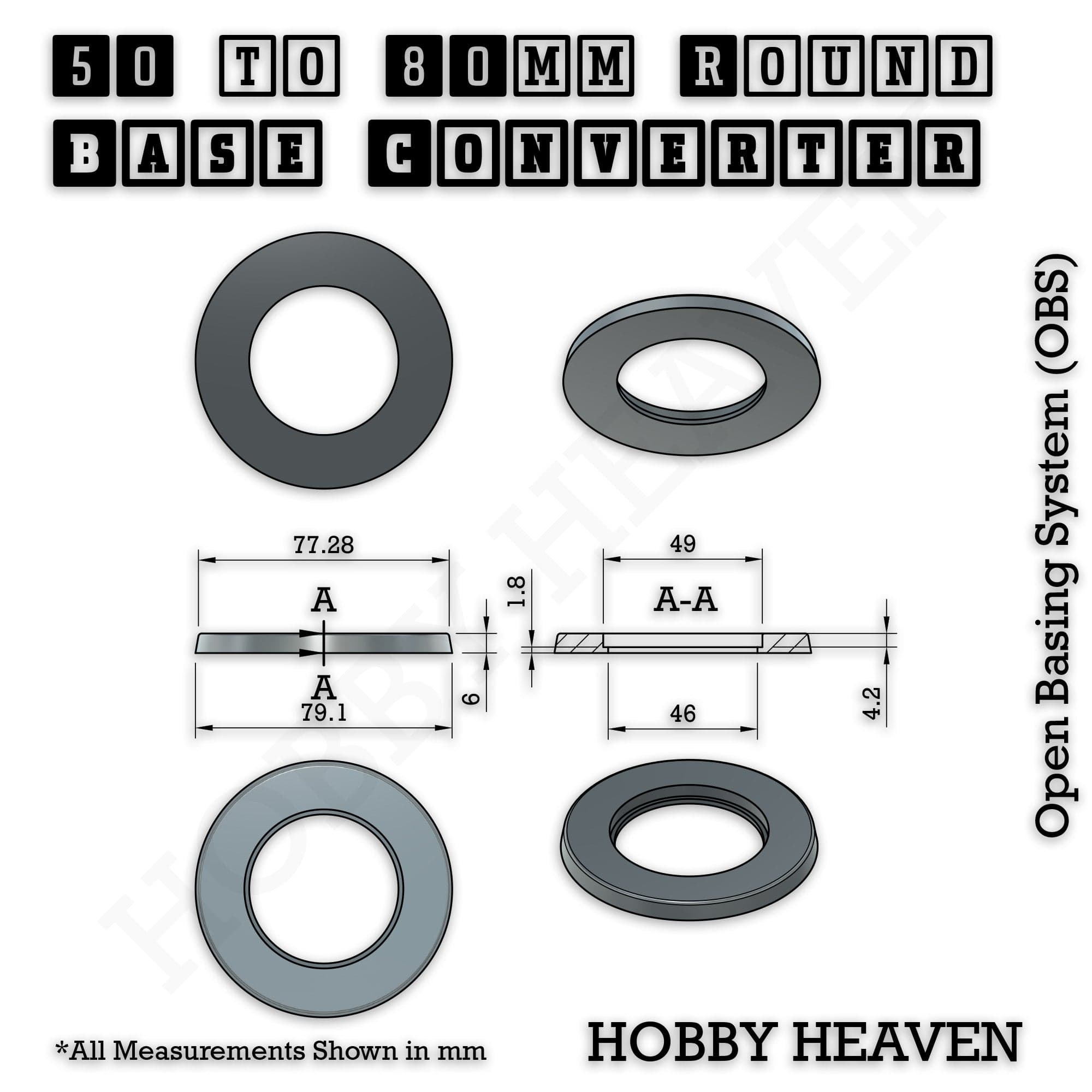 Base 50 to 80mm round bases Converters x1 pcs Round Bases Size Converters Round to Round 3d Print Full Range