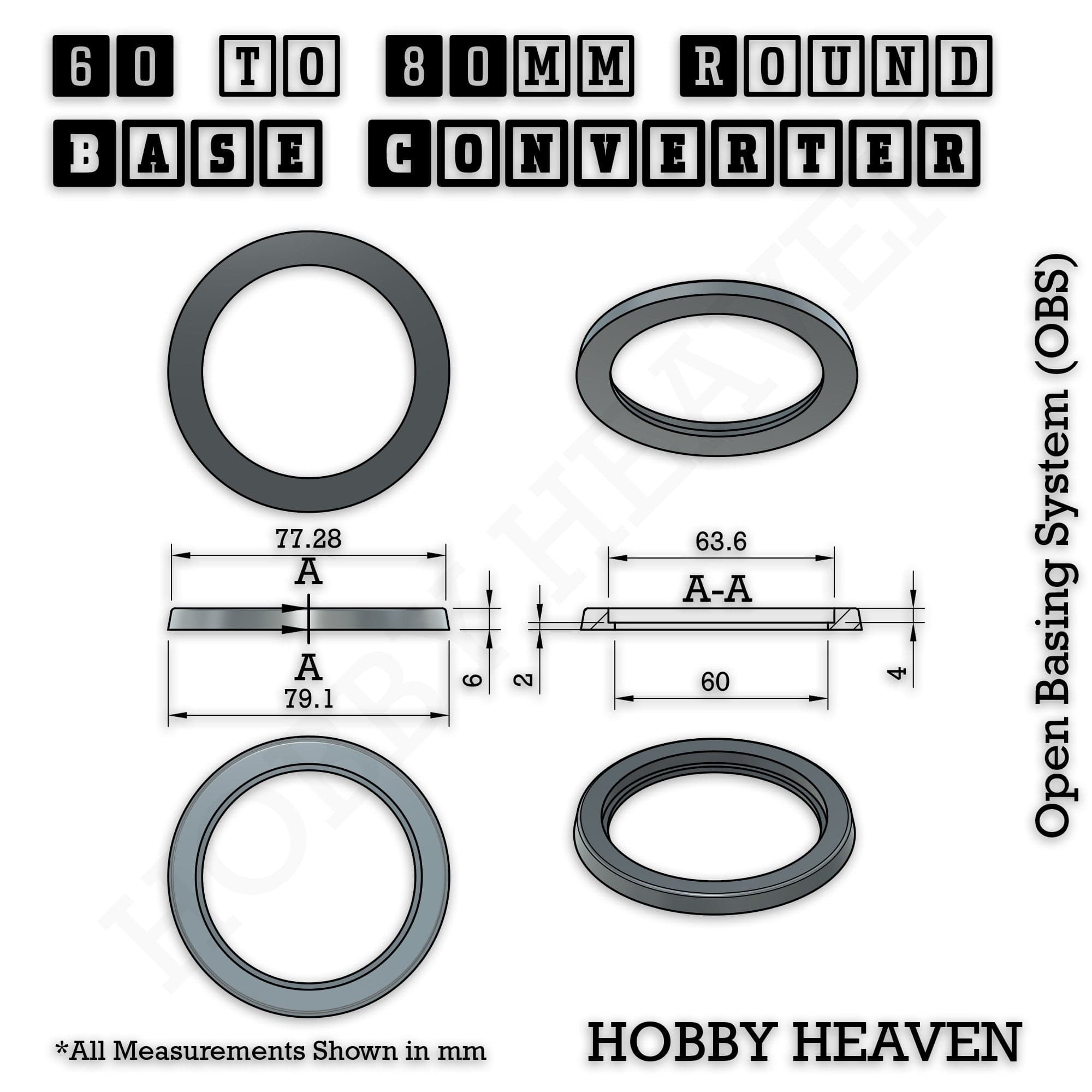 Base 60 to 80mm round bases Converters x1 pcs Round Bases Size Converters Round to Round 3d Print Full Range