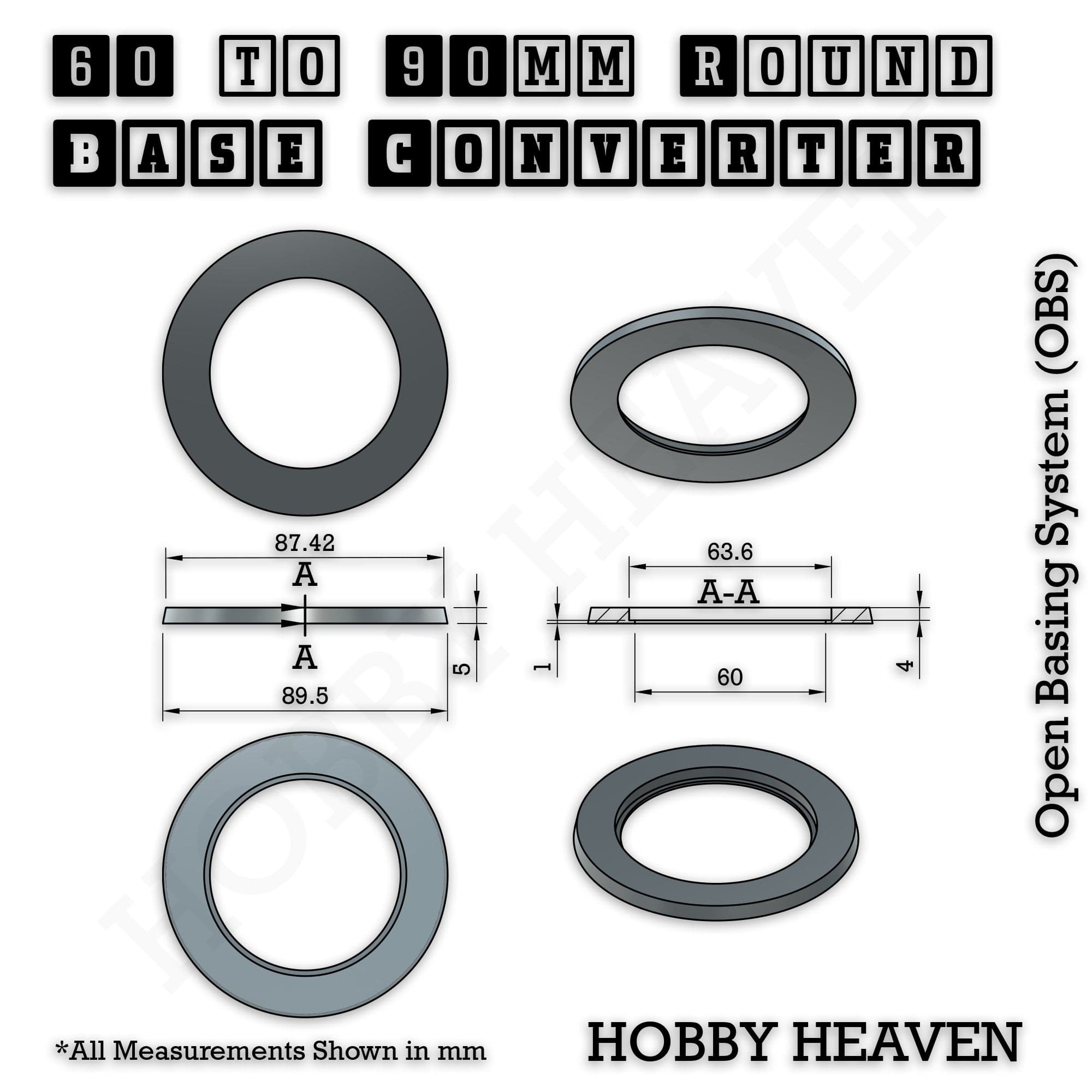 Base 60 to 90mm round bases Converters x1 pcs Round Bases Size Converters Round to Round 3d Print Full Range