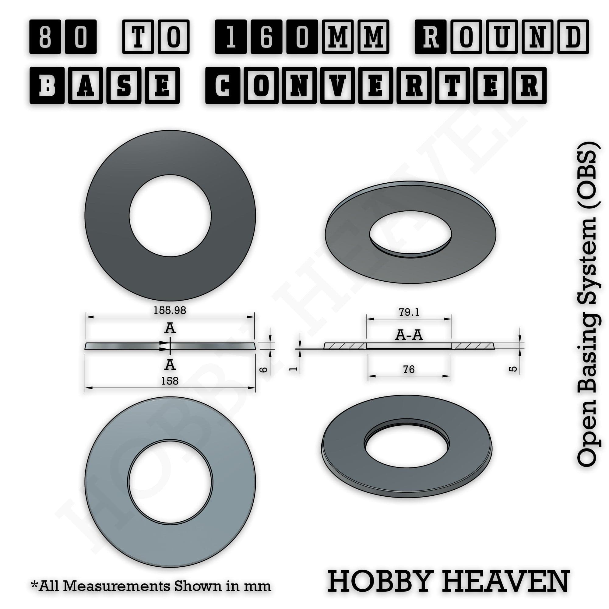 Base 80 to 160mm round bases Converters x1 pcs Round Bases Size Converters Round to Round 3d Print Full Range