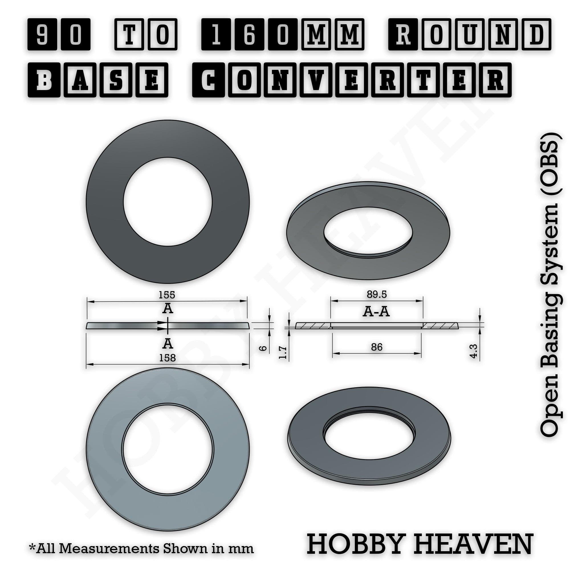 Base 90 to 160mm round bases Converters x1 pcs Round Bases Size Converters Round to Round 3d Print Full Range