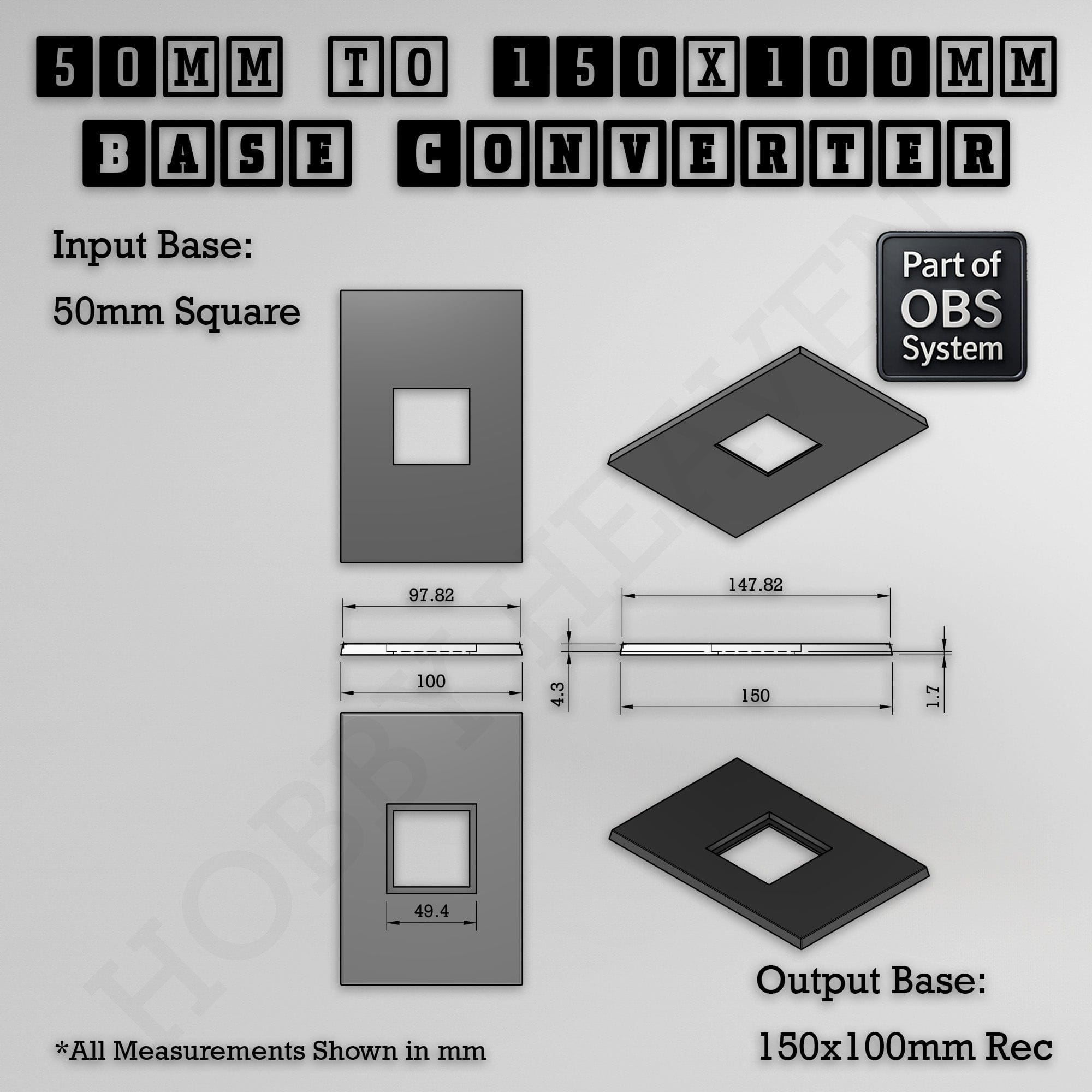 Base Square to Rectangle Bases Size Converters 3d Print Full Range