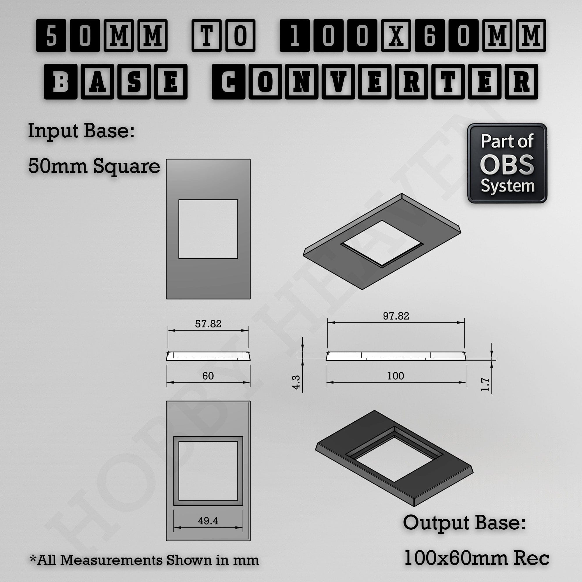 Base Square to Rectangle Bases Size Converters 3d Print Full Range