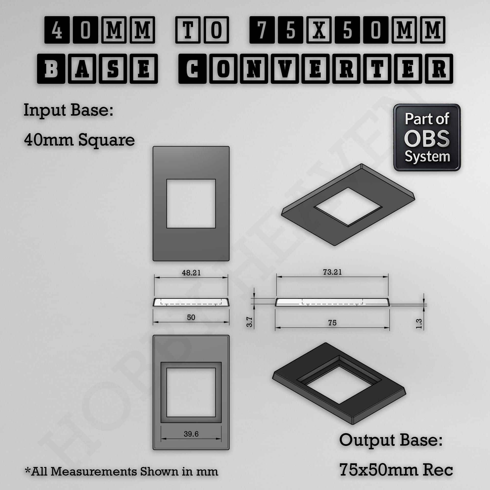 Base Square to Rectangle Bases Size Converters 3d Print Full Range