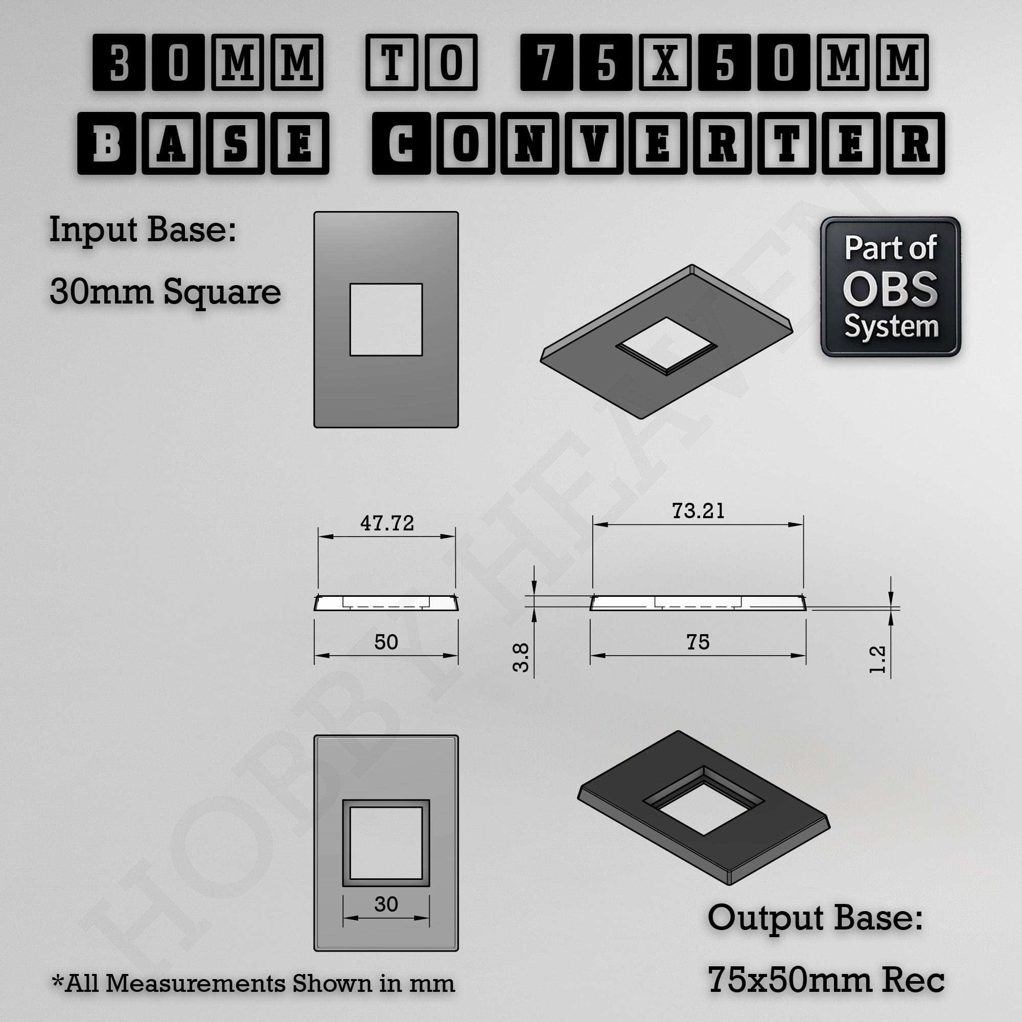 Base Square to Rectangle Bases Size Converters 3d Print Full Range