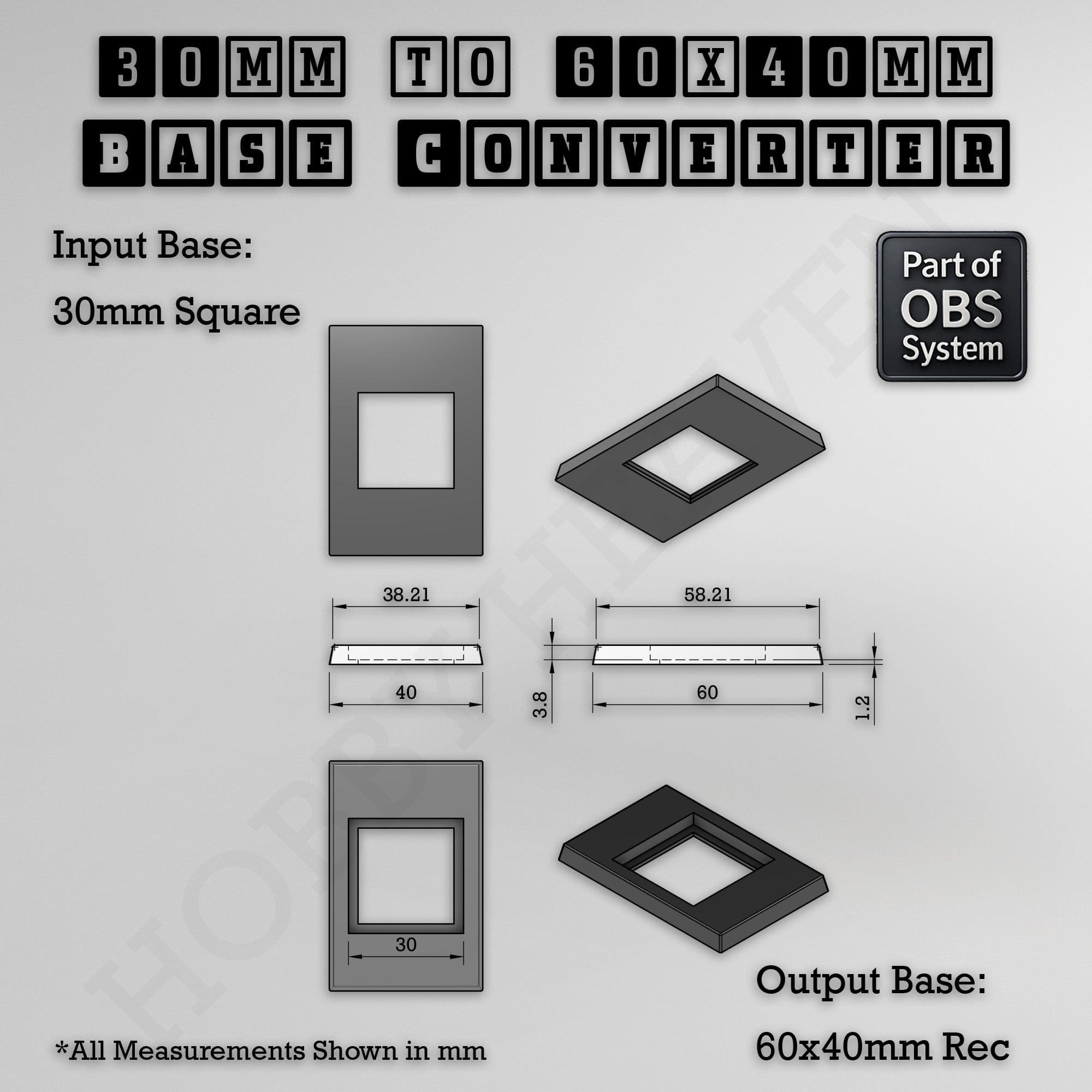Base Square to Rectangle Bases Size Converters 3d Print Full Range