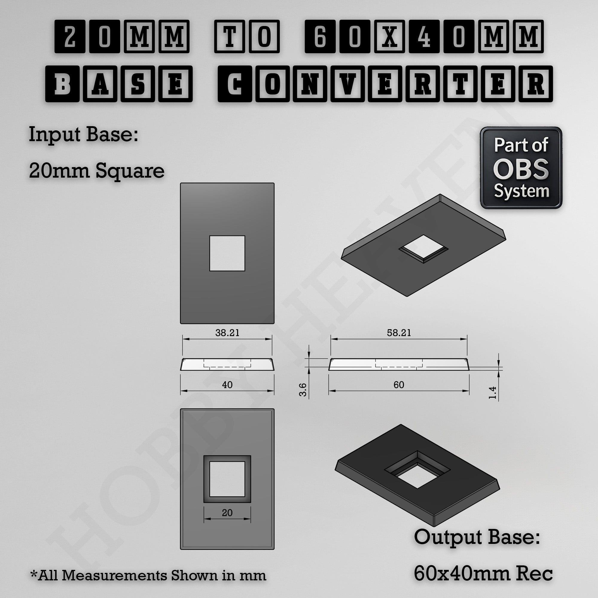 Base Square to Rectangle Bases Size Converters 3d Print Full Range