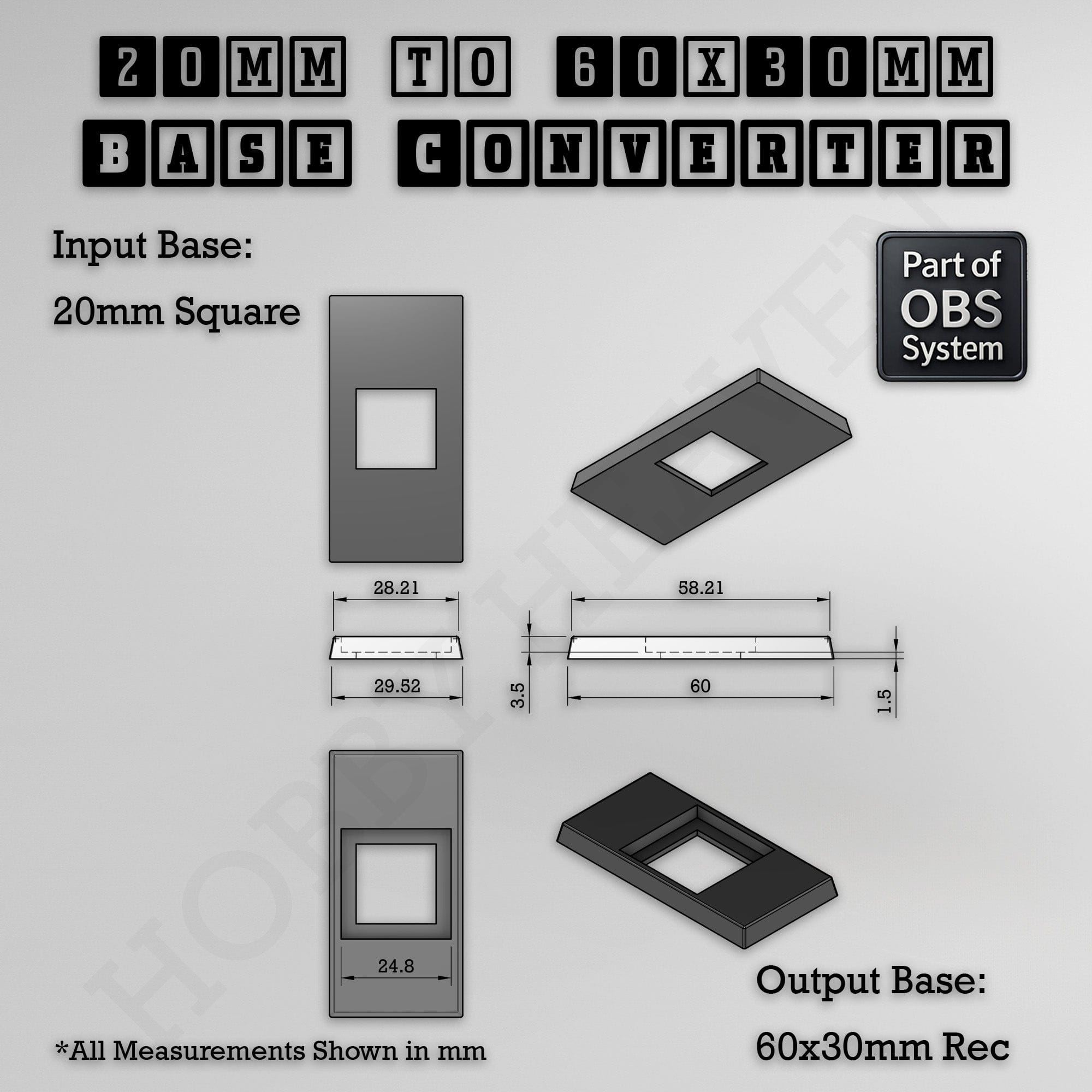 Base Square to Rectangle Bases Size Converters 3d Print Full Range