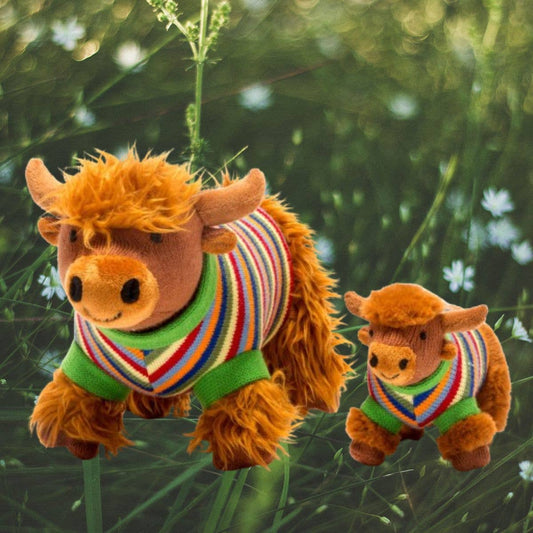 Best Years Ltd Plushie Knitted Highland Cow Baby Rattle with Stripe Jumper