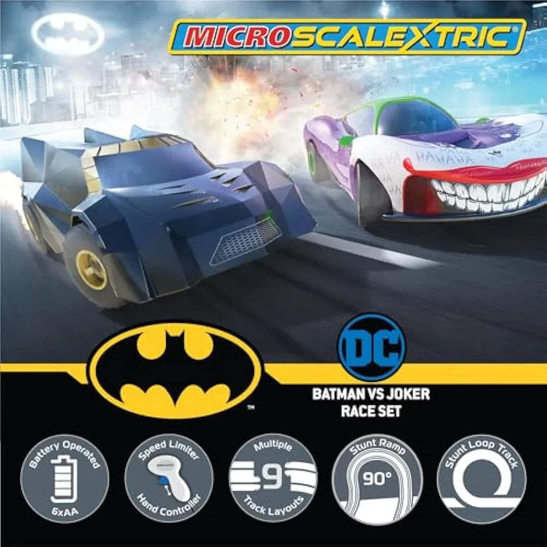 Jolof Store Race Tracks Scalextric Micro Car Race Track Sets for Kids Age 4+ - Batman vs Joker Themed Construction Set, Battery Powered Racing, Slot Cars Kids' Play Vehicles - Mini Toy Tracks for Boys