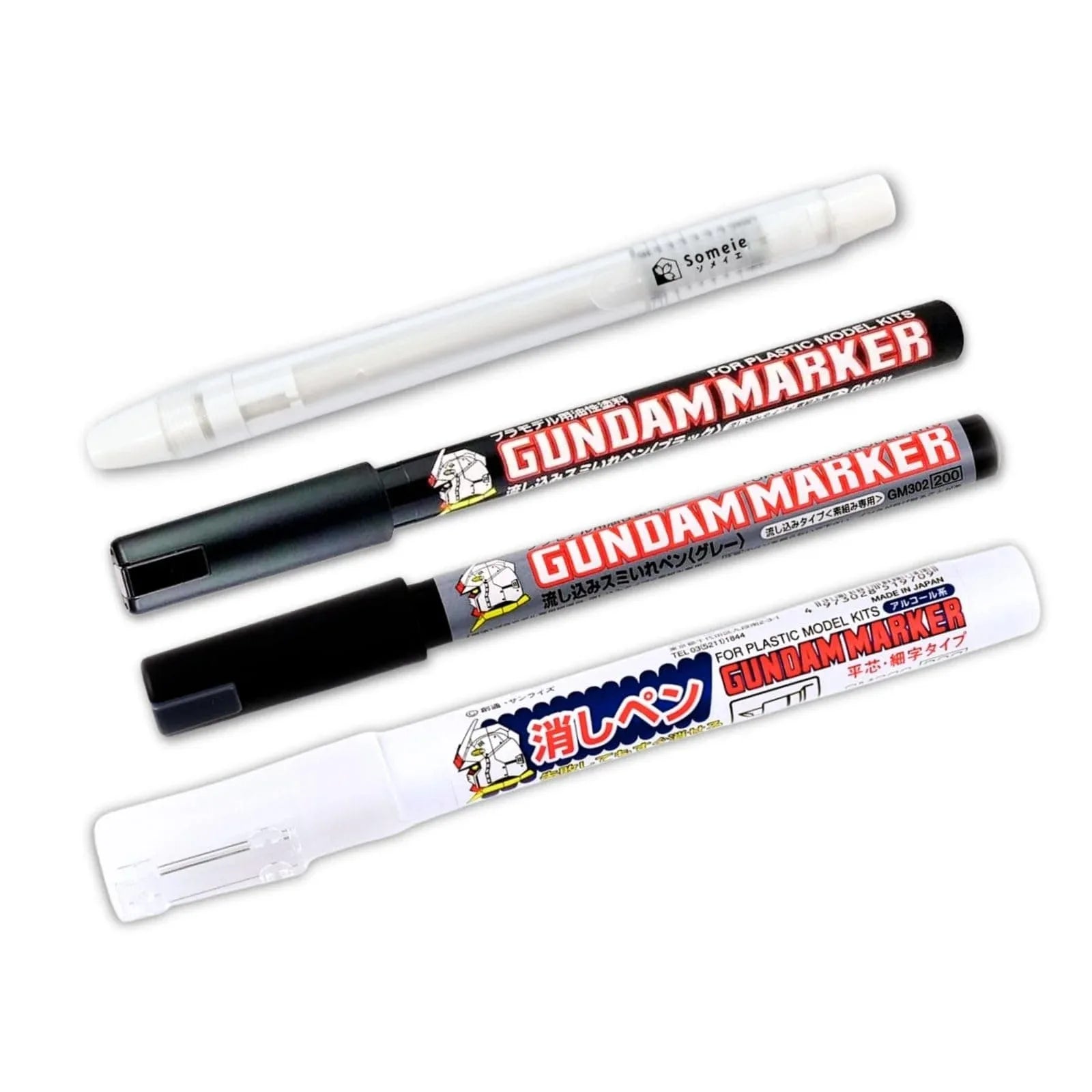 Jolof Store Someie GSI Creos Gundam Marker type GM301 Black & GM302 Gray & GM300 Eraser Pen & Knock-Type Eraser Flow-in Panel Lining Pens