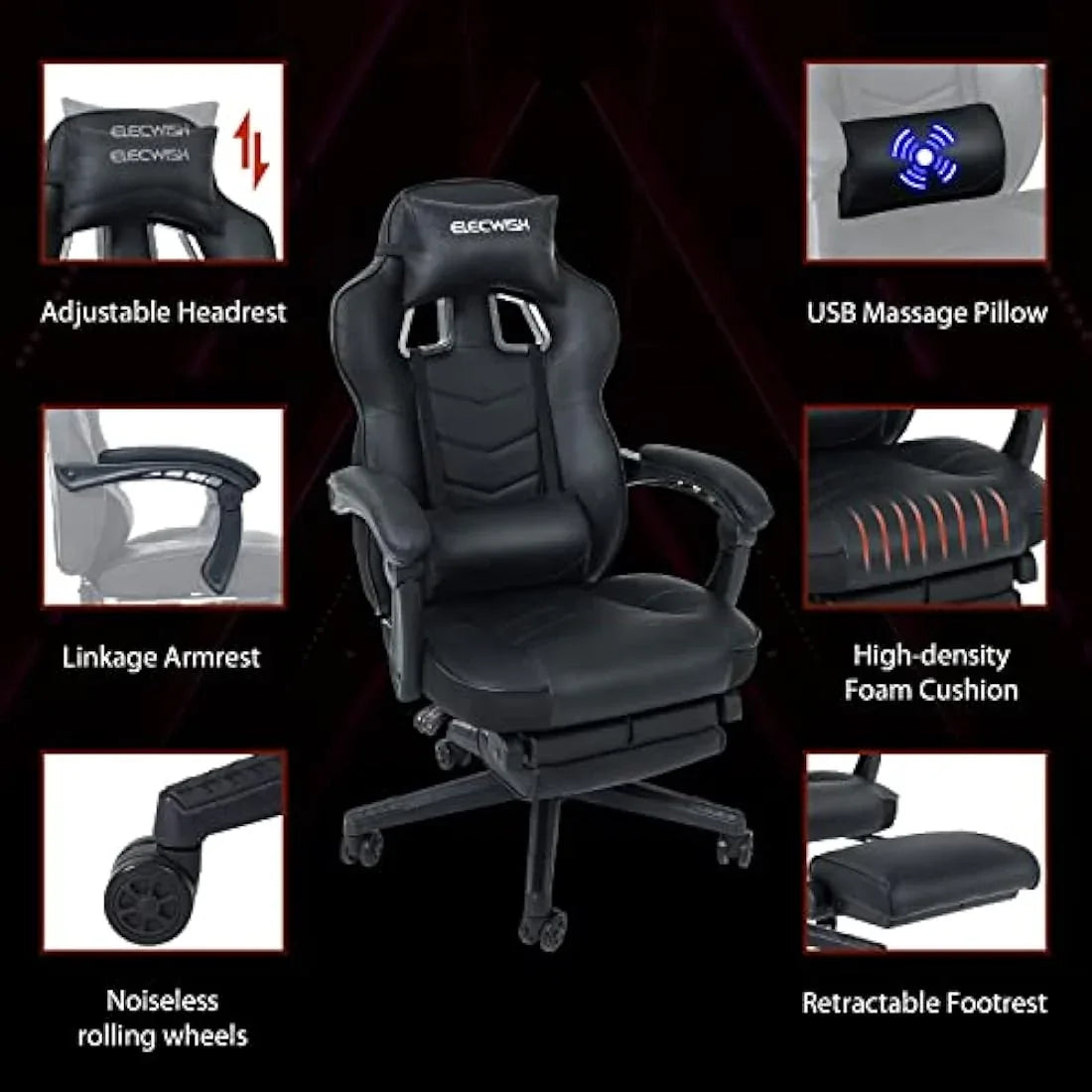 Jolof Store Video Game Chairs Fullwatt Racing Gaming Chair for adults with Footrest and Massage Lumbar Pillow, Swivel Height Adjustable Reclining PU Leather Video Game Chair, E-Sports Gaming Chair Big and Tall(Black)