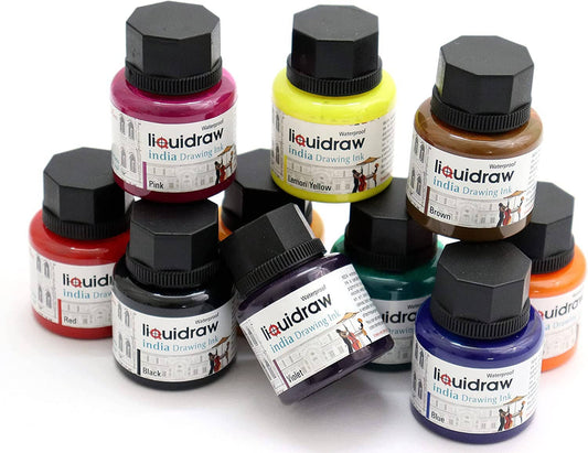 Liquidraw Paint Liquidraw Coloured Drawing Ink Set India Ink, Waterproof, Set of 10 Assorted Colours, 35ml