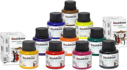 Liquidraw Paint Liquidraw Coloured Drawing Ink Set India Ink, Waterproof, Set of 10 Assorted Colours, 35ml