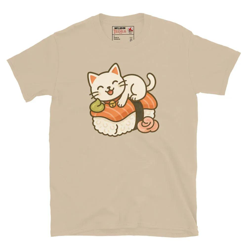 McLaren Tee Hub T-shirt Sand / S Sushi Cat T-Shirt – Kawaii Kitty on Salmon Nigiri – Cute Anime Cat Tee