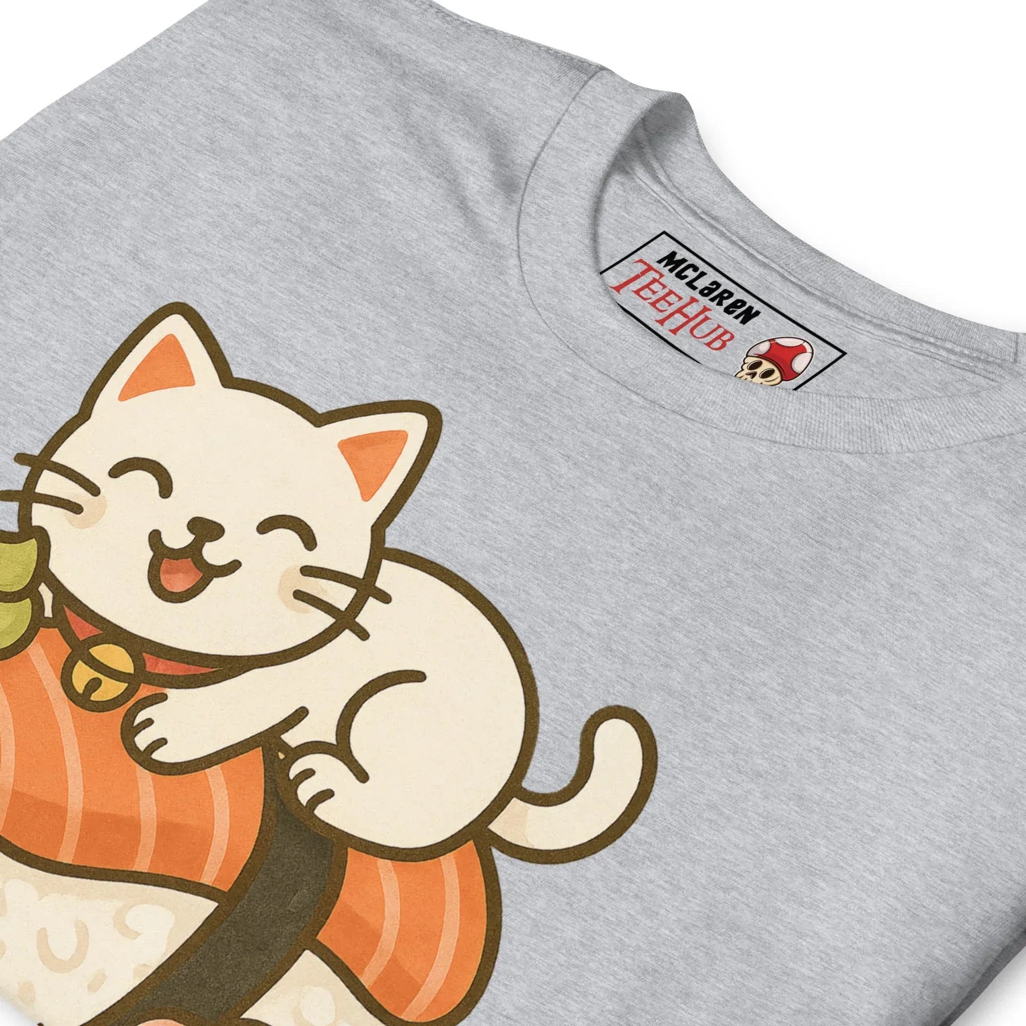 McLaren Tee Hub T-shirt Sushi Cat T-Shirt – Kawaii Kitty on Salmon Nigiri – Cute Anime Cat Tee