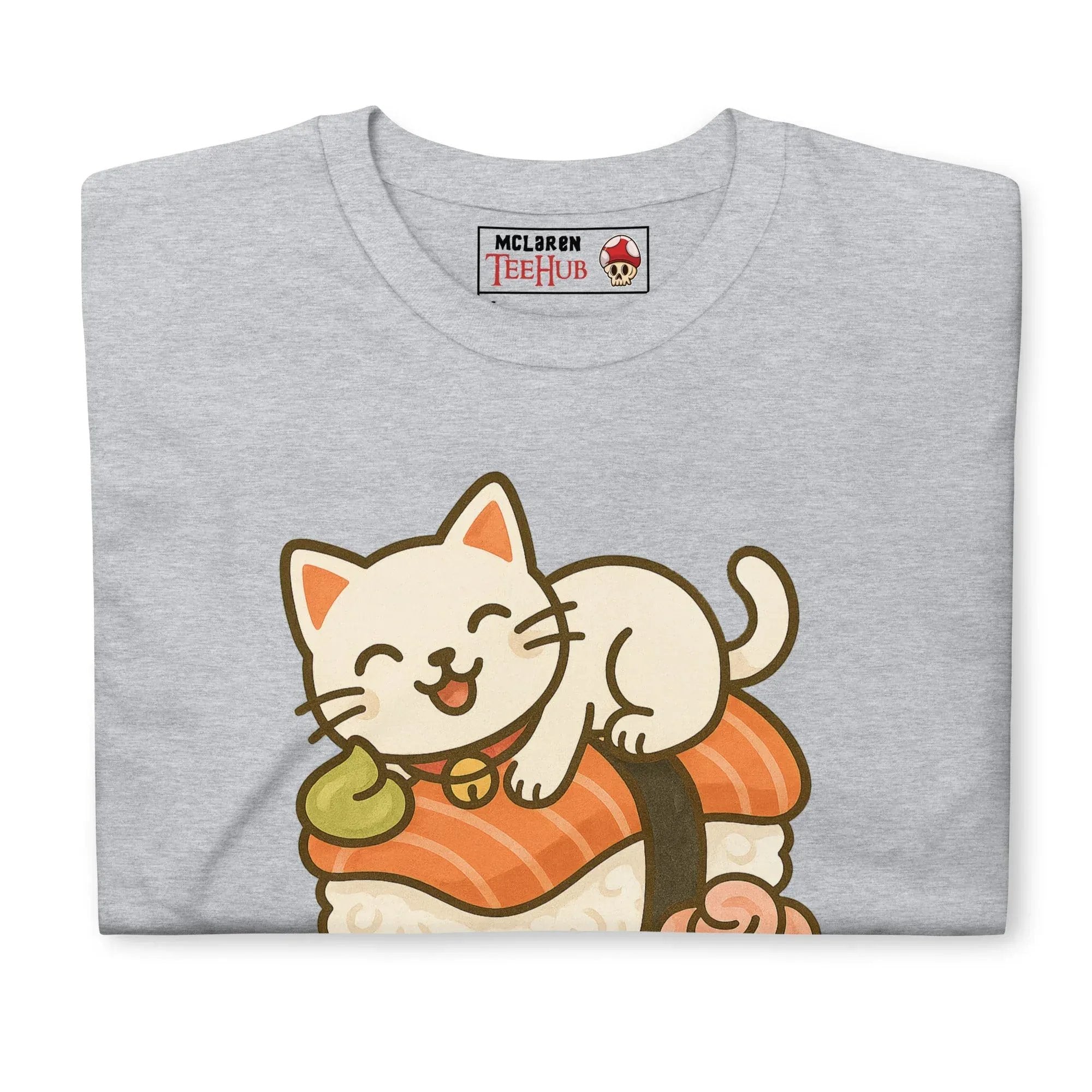 McLaren Tee Hub T-shirt Sushi Cat T-Shirt – Kawaii Kitty on Salmon Nigiri – Cute Anime Cat Tee