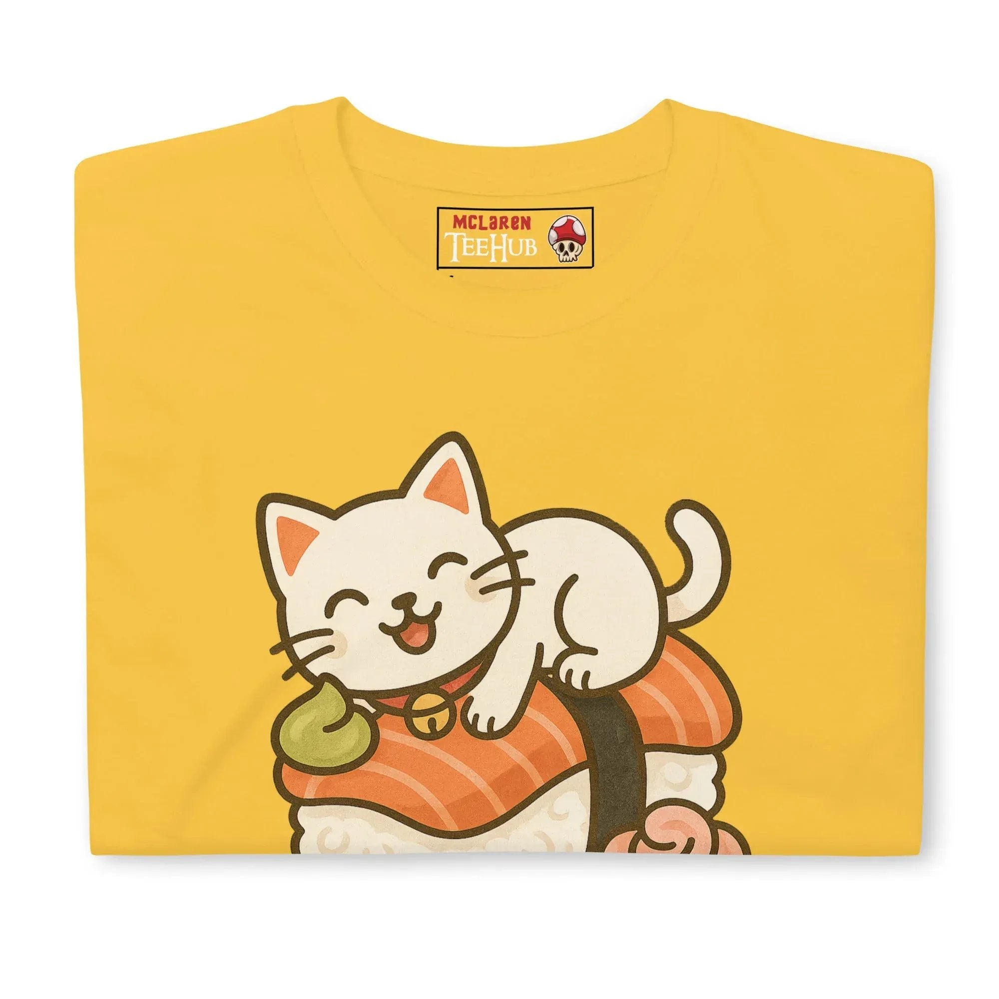 McLaren Tee Hub T-shirt Sushi Cat T-Shirt – Kawaii Kitty on Salmon Nigiri – Cute Anime Cat Tee