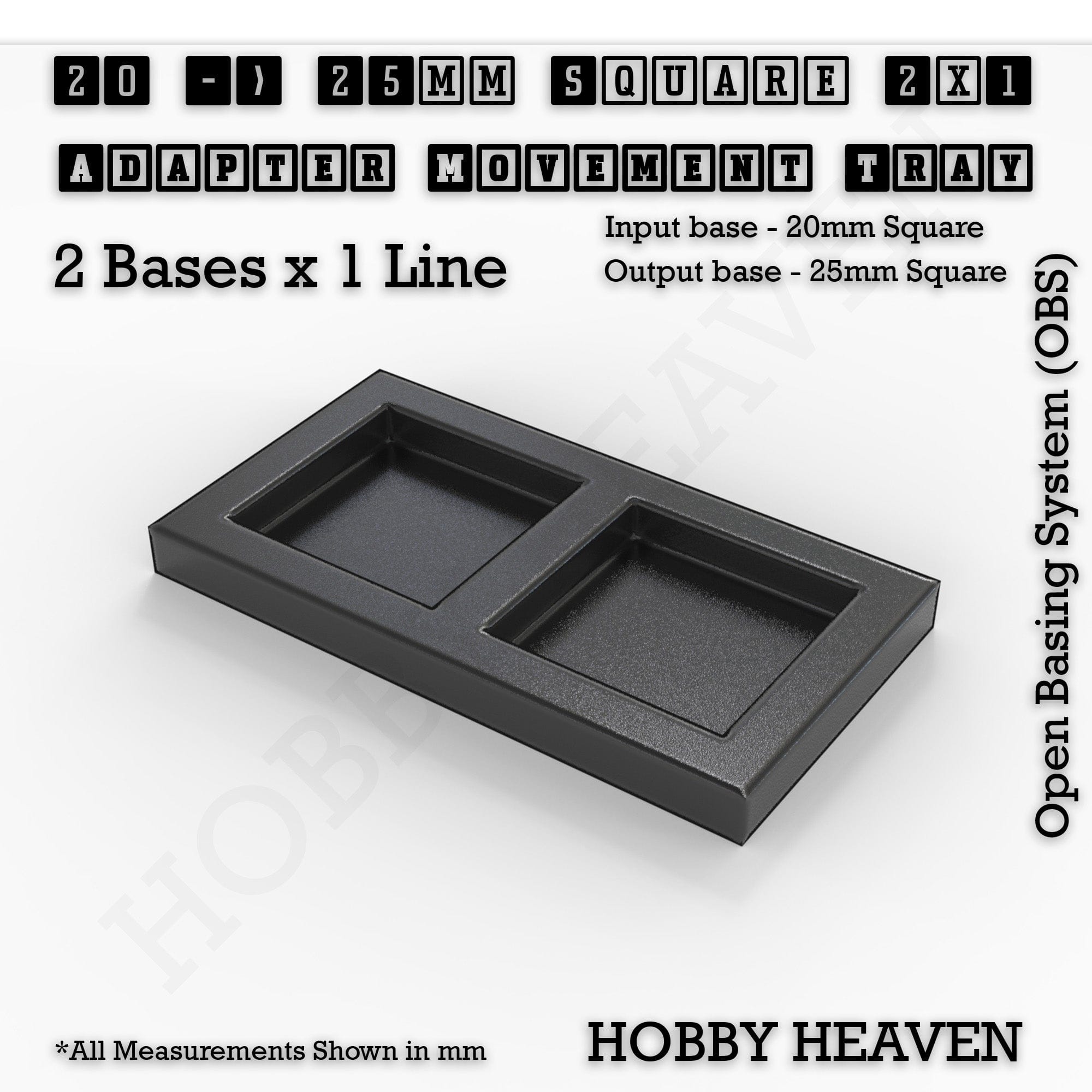 Movement Tray 20 to 25mm Adapter 2x1 (2 bases x 1 Line) Square and Rectangle Movement Trays Adapters for Tabletop Games