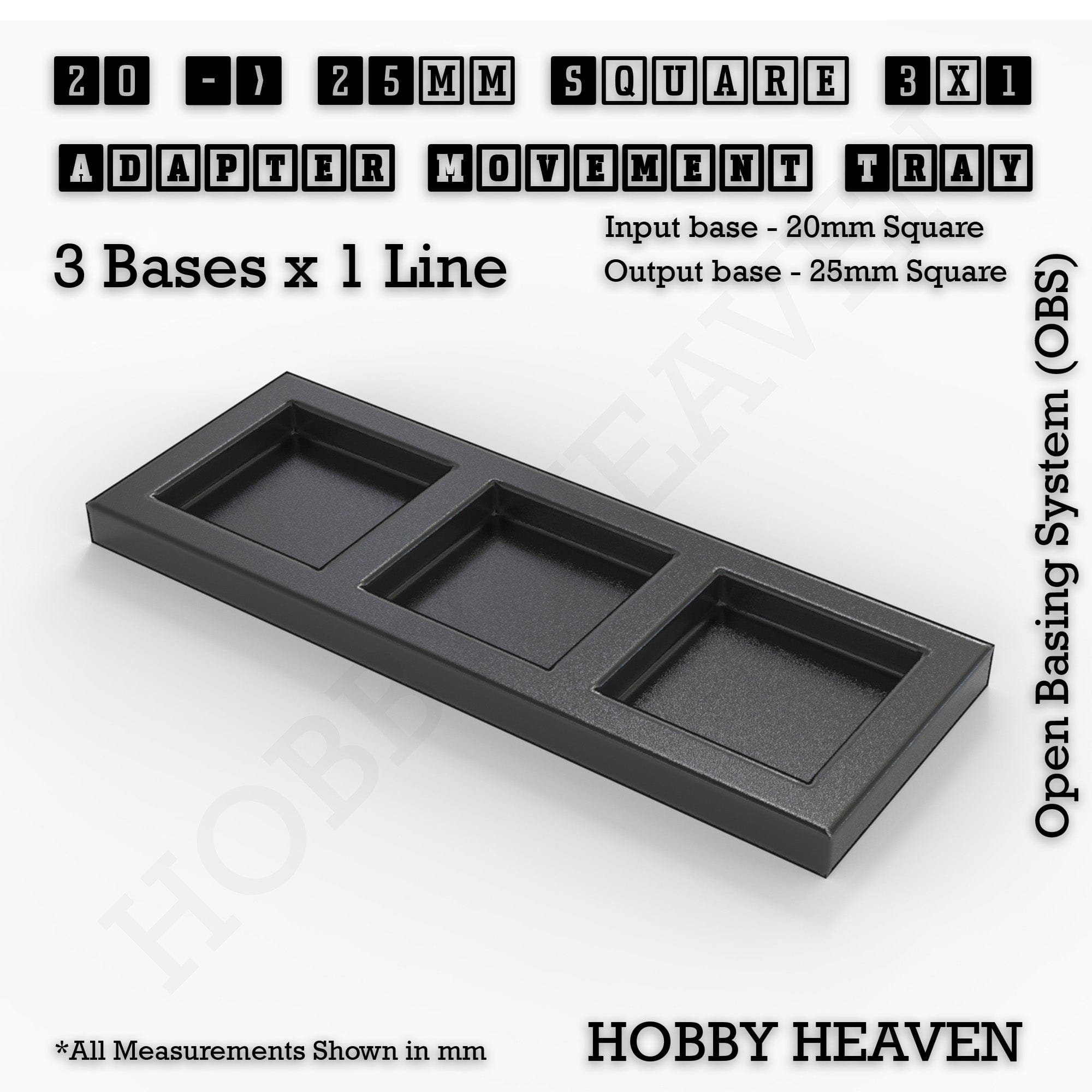Movement Tray 20 to 25mm Adapter 3x1 (3 bases x 1 Line) Square and Rectangle Movement Trays Adapters for Tabletop Games
