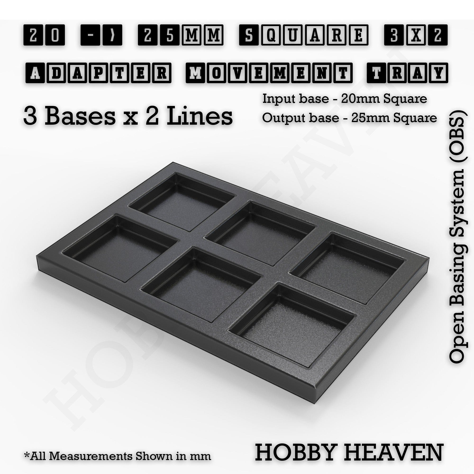 Movement Tray 20 to 25mm Adapter 3x2 (3 bases x 2 Lines) Square and Rectangle Movement Trays Adapters for Tabletop Games