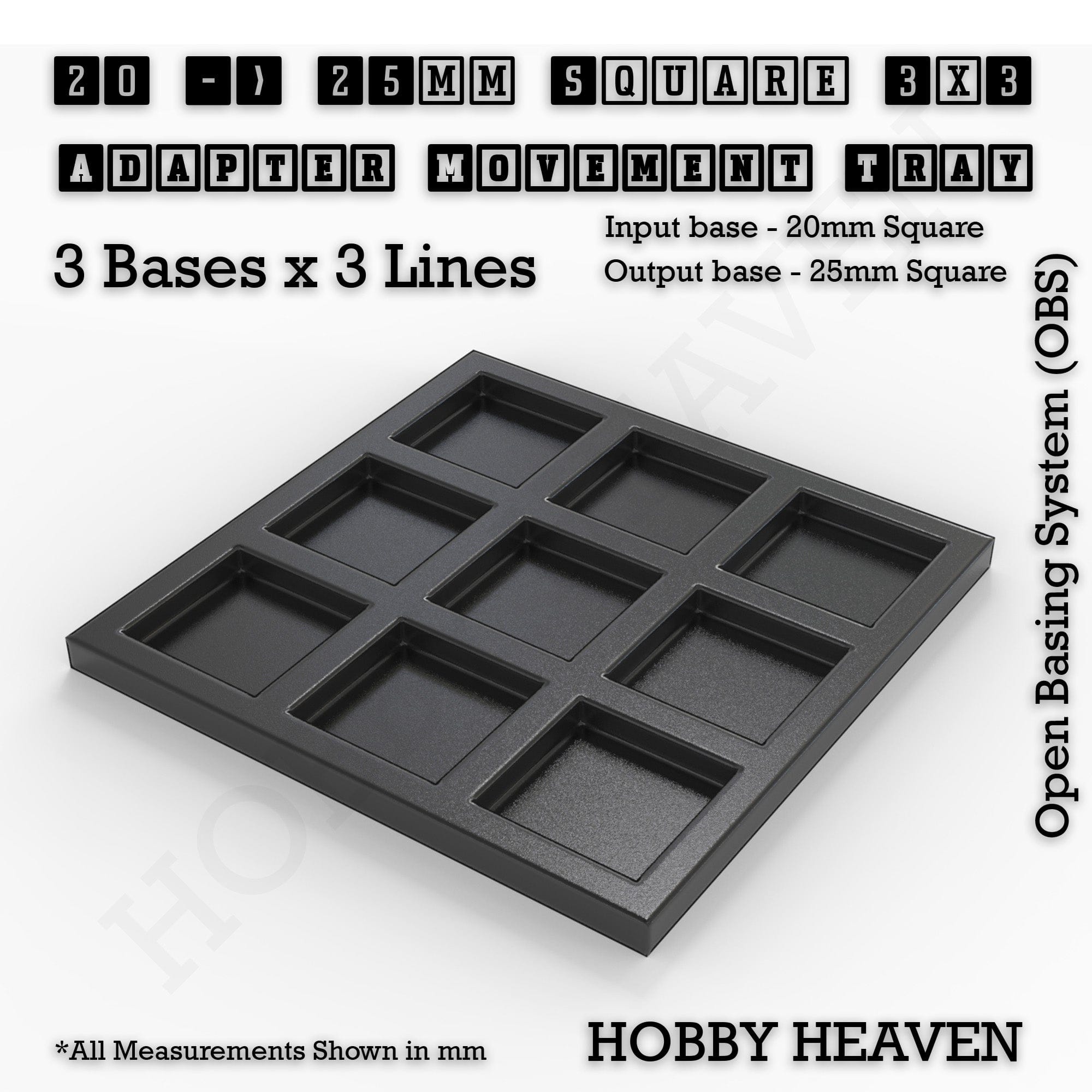 Movement Tray 20 to 25mm Adapter 3x3 (3 bases x 3 Lines) Square and Rectangle Movement Trays Adapters for Tabletop Games