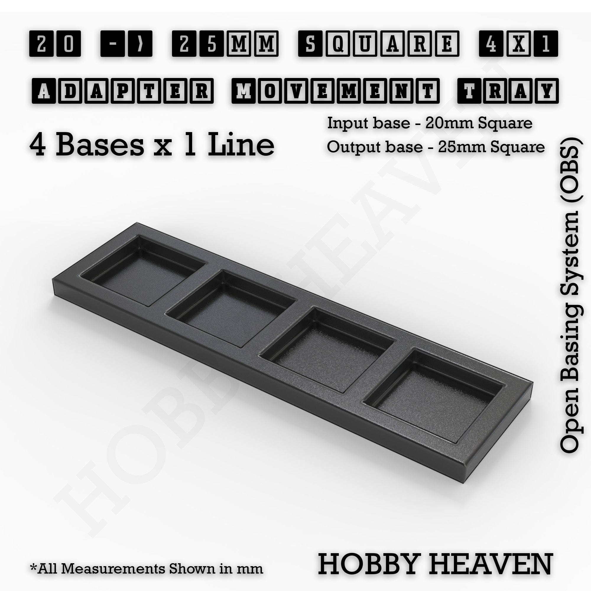 Movement Tray 20 to 25mm Adapter 4x1 (4 bases x 1 Line) Square and Rectangle Movement Trays Adapters for Tabletop Games