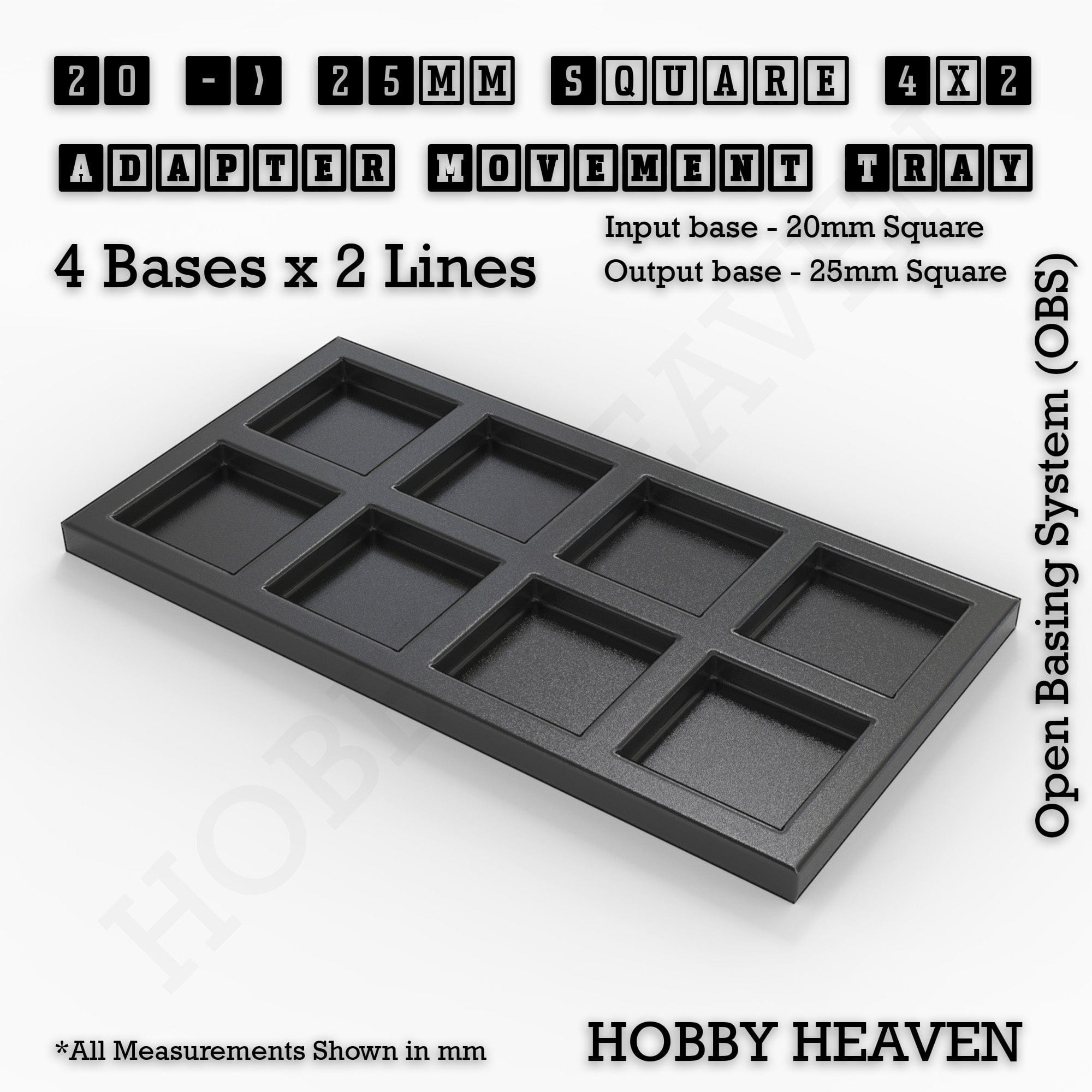 Movement Tray 20 to 25mm Adapter 4x2 (4 bases x 2 Lines) Square and Rectangle Movement Trays Adapters for Tabletop Games