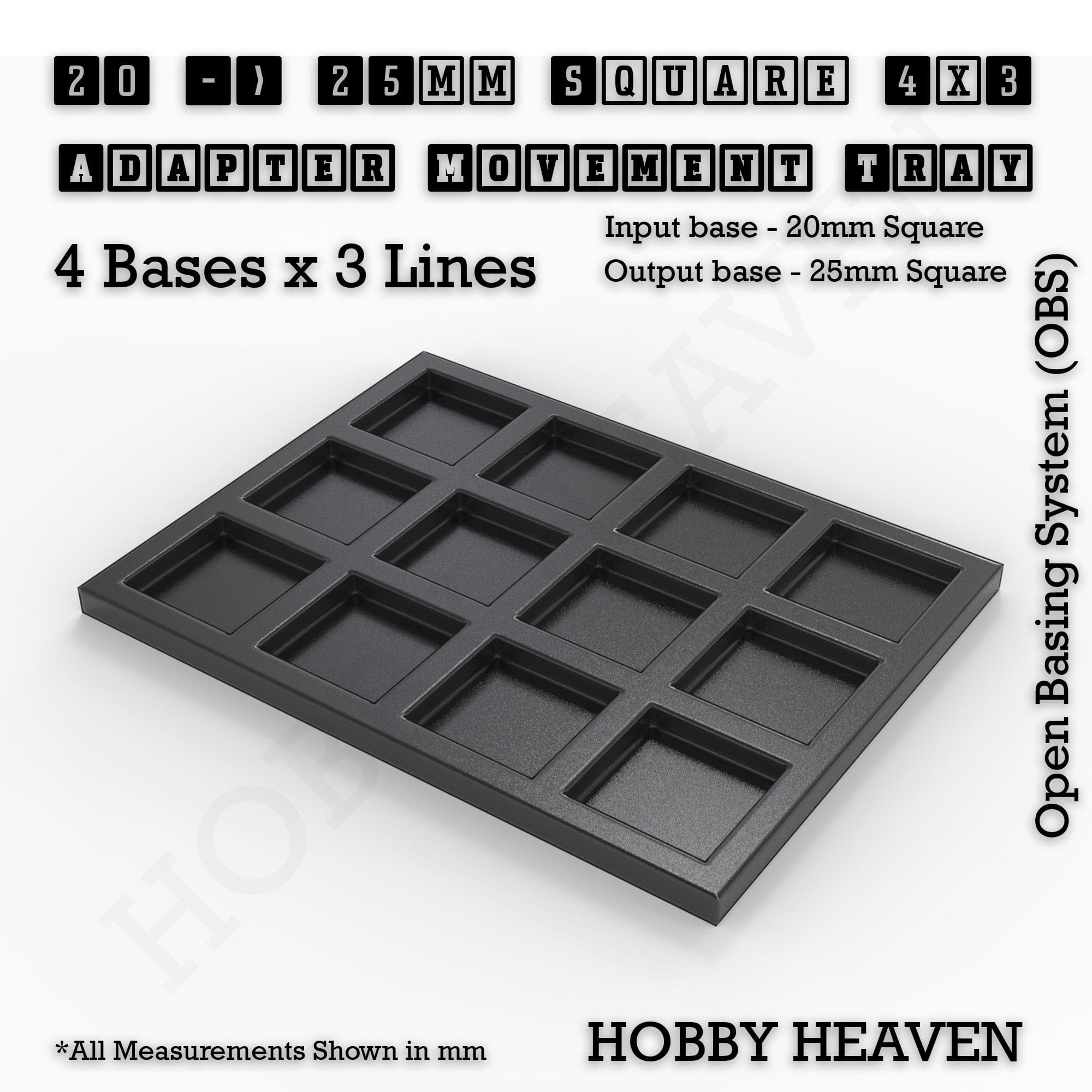 Movement Tray 20 to 25mm Adapter 4x3 (4 bases x 3 Lines) Square and Rectangle Movement Trays Adapters for Tabletop Games