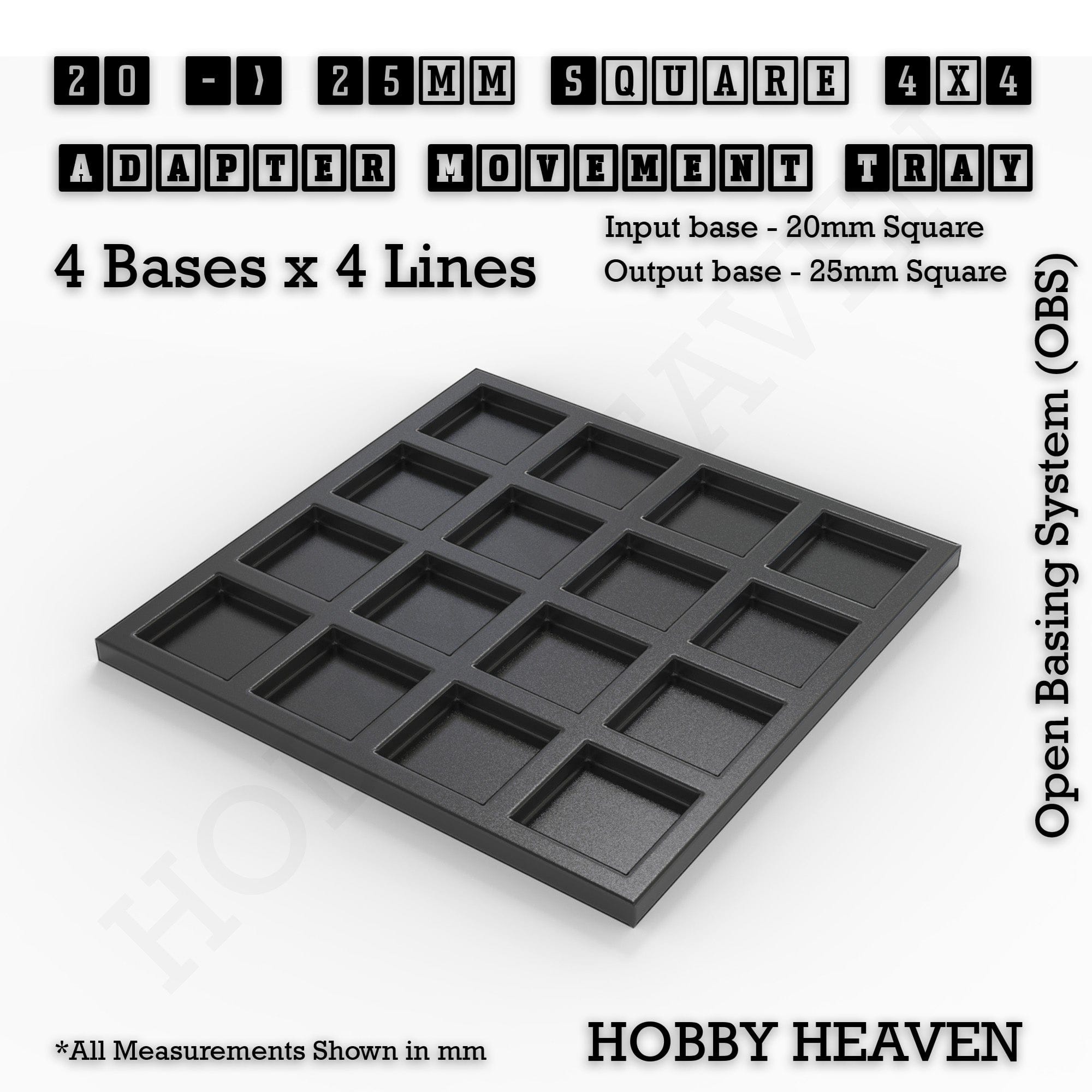 Movement Tray 20 to 25mm Adapter 4x4 (4 bases x 4 Lines) Square and Rectangle Movement Trays Adapters for Tabletop Games