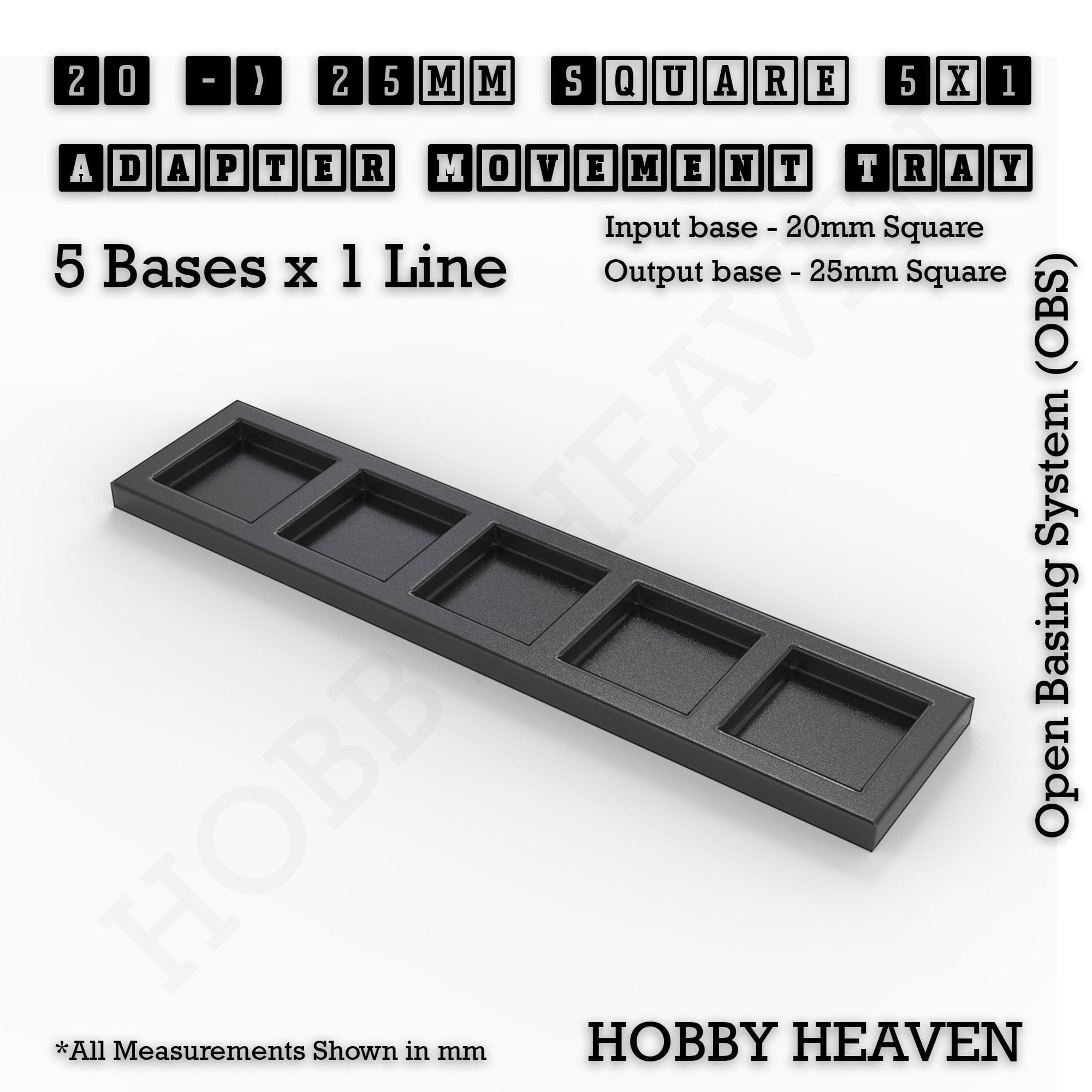 Movement Tray 20 to 25mm Adapter 5x1 (5 bases x 1 Line) Square and Rectangle Movement Trays Adapters for Tabletop Games