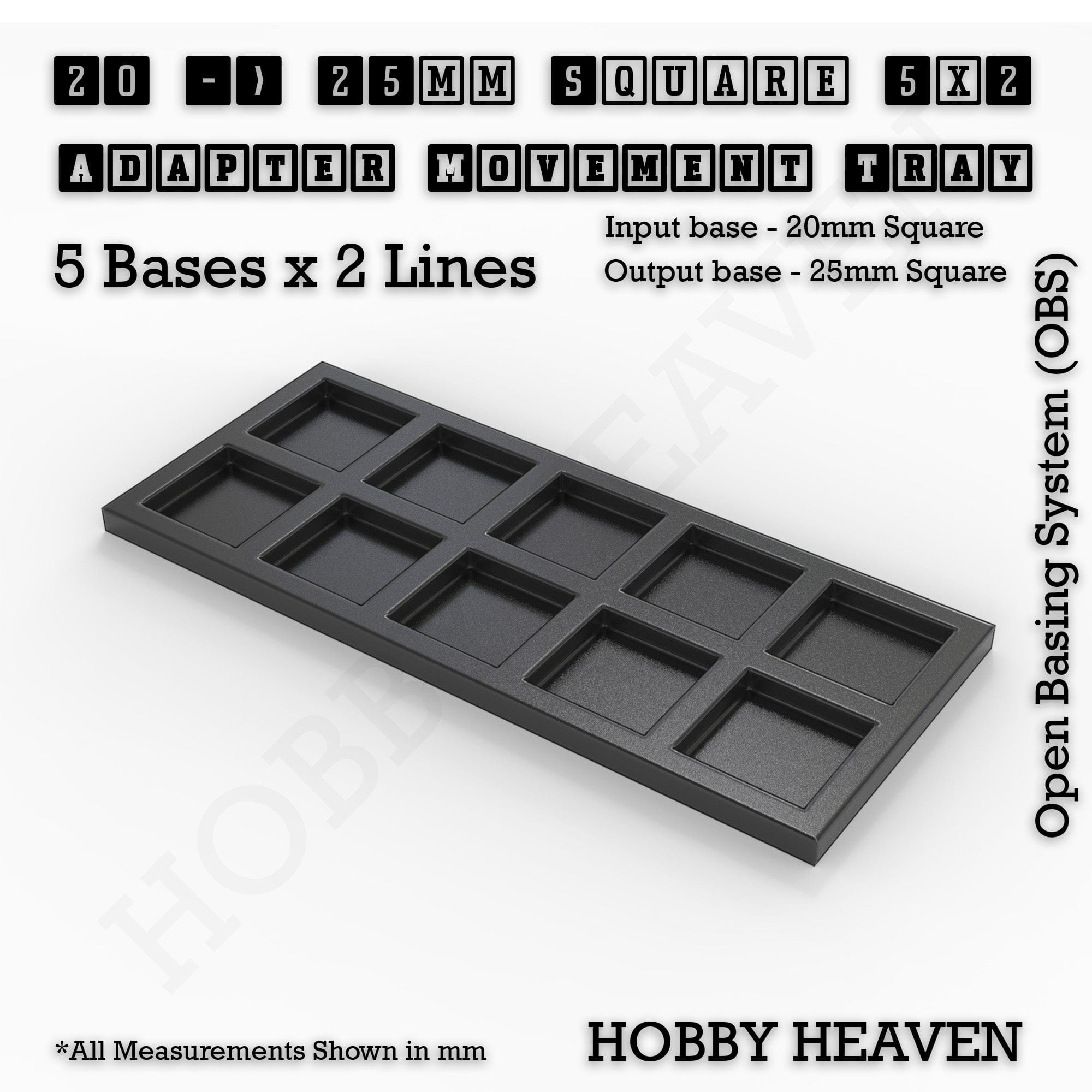 Movement Tray 20 to 25mm Adapter 5x2 (5 bases x 2 Lines) Square and Rectangle Movement Trays Adapters for Tabletop Games