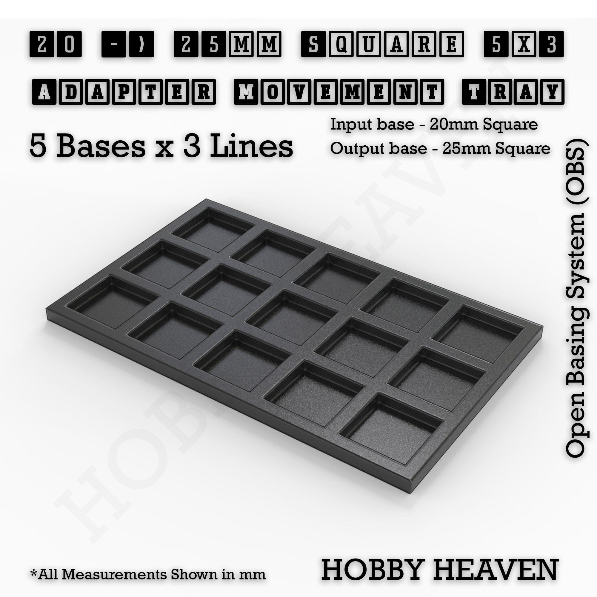 Movement Tray 20 to 25mm Adapter 5x3 (5 bases x 3 Lines) Square and Rectangle Movement Trays Adapters for Tabletop Games