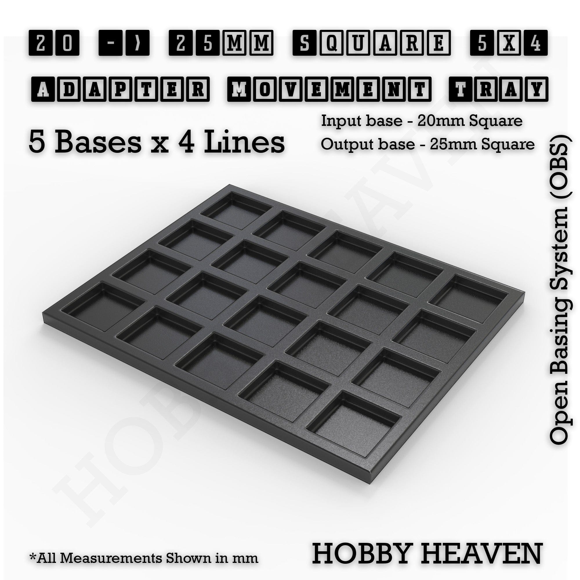 Movement Tray 20 to 25mm Adapter 5x4 (5 bases x 4 Lines) Square and Rectangle Movement Trays Adapters for Tabletop Games