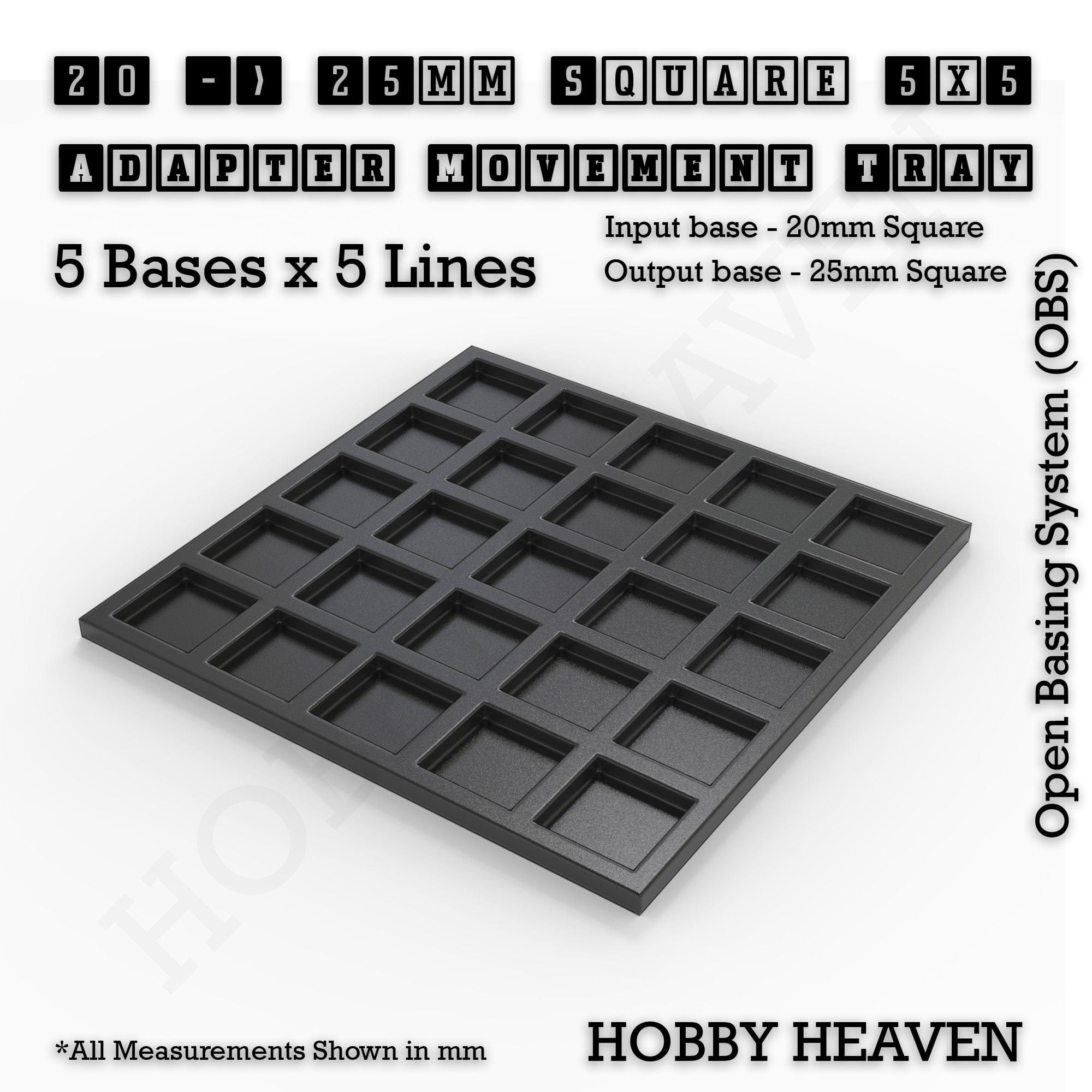 Movement Tray 20 to 25mm Adapter 5x5 (5 bases x 5 Lines) Square and Rectangle Movement Trays Adapters for Tabletop Games