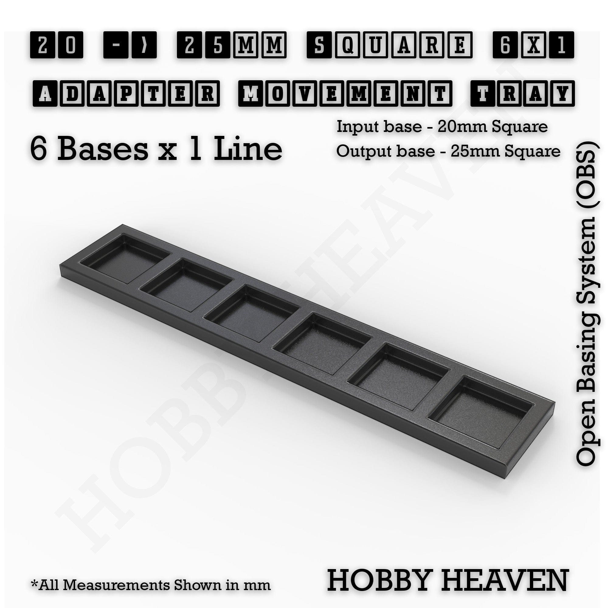 Movement Tray 20 to 25mm Adapter 6x1 (6 bases x 1 Line) Square and Rectangle Movement Trays Adapters for Tabletop Games