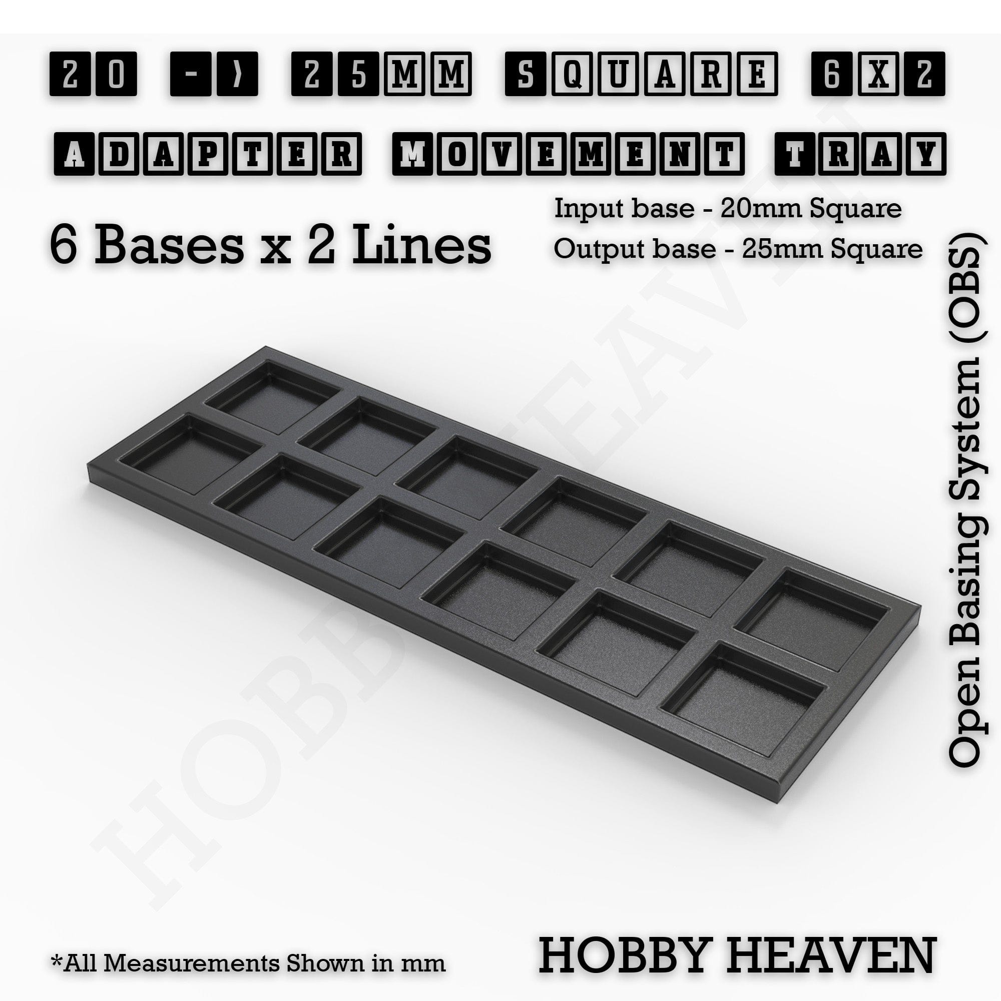 Movement Tray 20 to 25mm Adapter 6x2 (6 bases x 2 Lines) Square and Rectangle Movement Trays Adapters for Tabletop Games