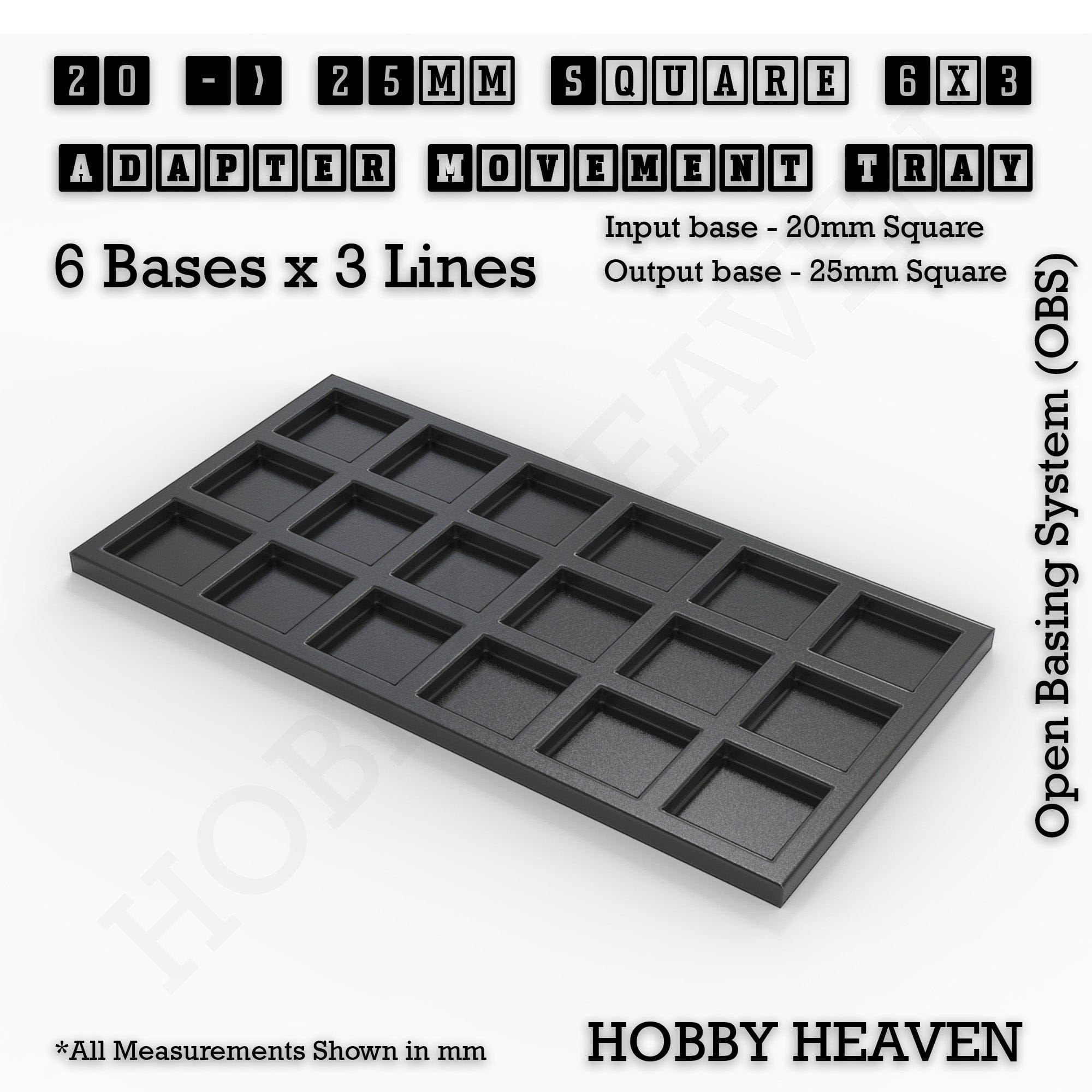 Movement Tray 20 to 25mm Adapter 6x3 (6 bases x 3 Lines) Square and Rectangle Movement Trays Adapters for Tabletop Games