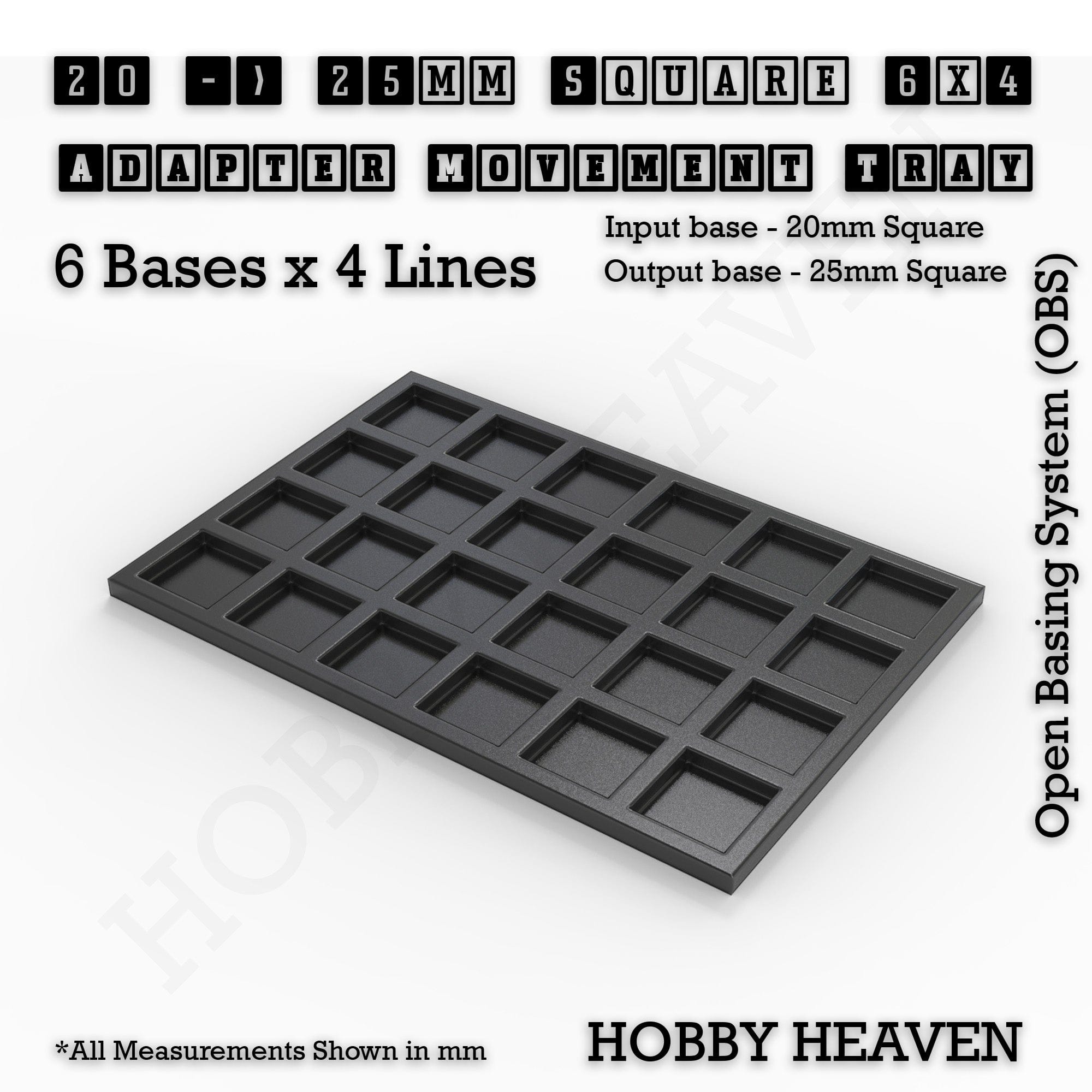 Movement Tray 20 to 25mm Adapter 6x4 (6 bases x 4 Lines) Square and Rectangle Movement Trays Adapters for Tabletop Games