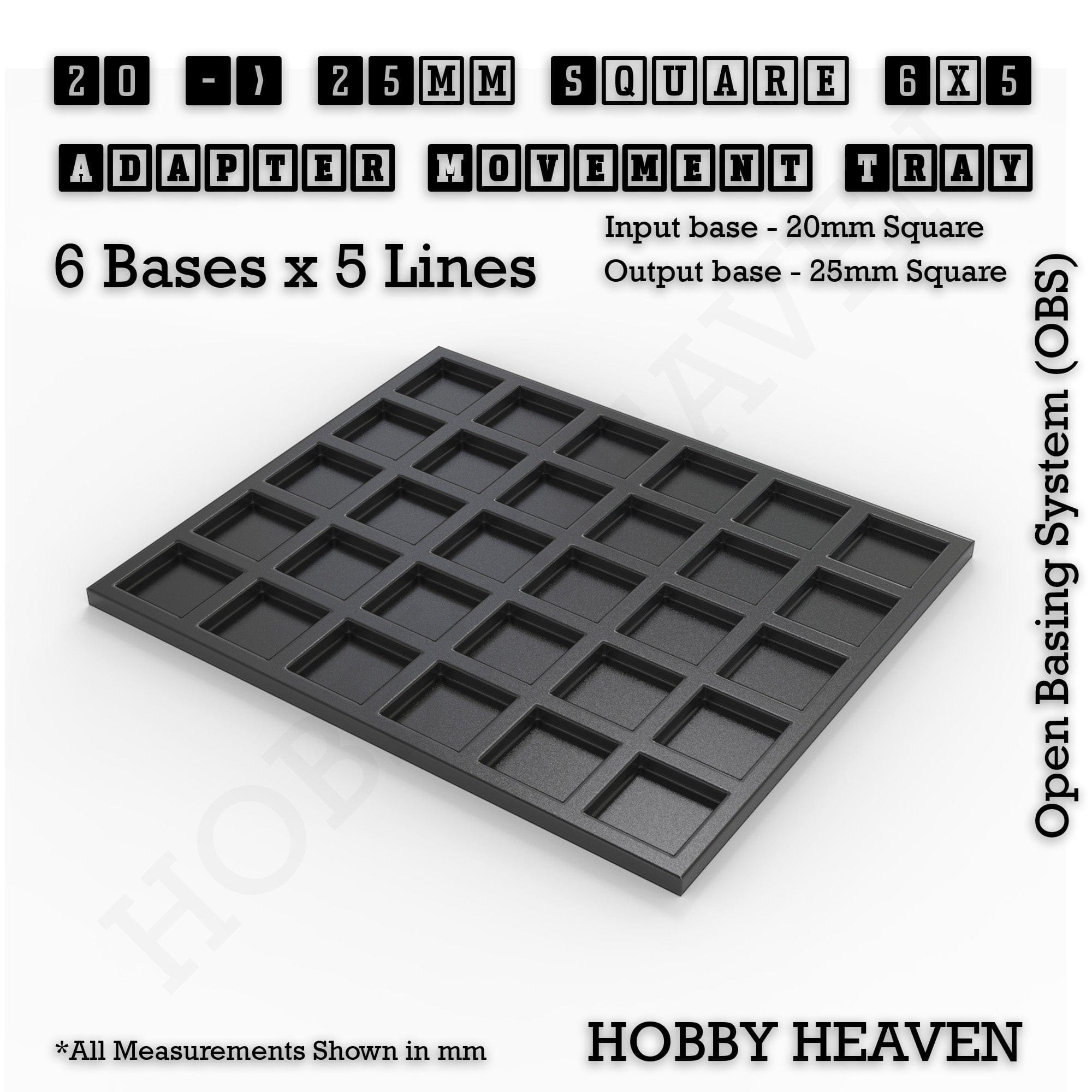 Movement Tray 20 to 25mm Adapter 6x5 (6 bases x 5 Lines) Square and Rectangle Movement Trays Adapters for Tabletop Games
