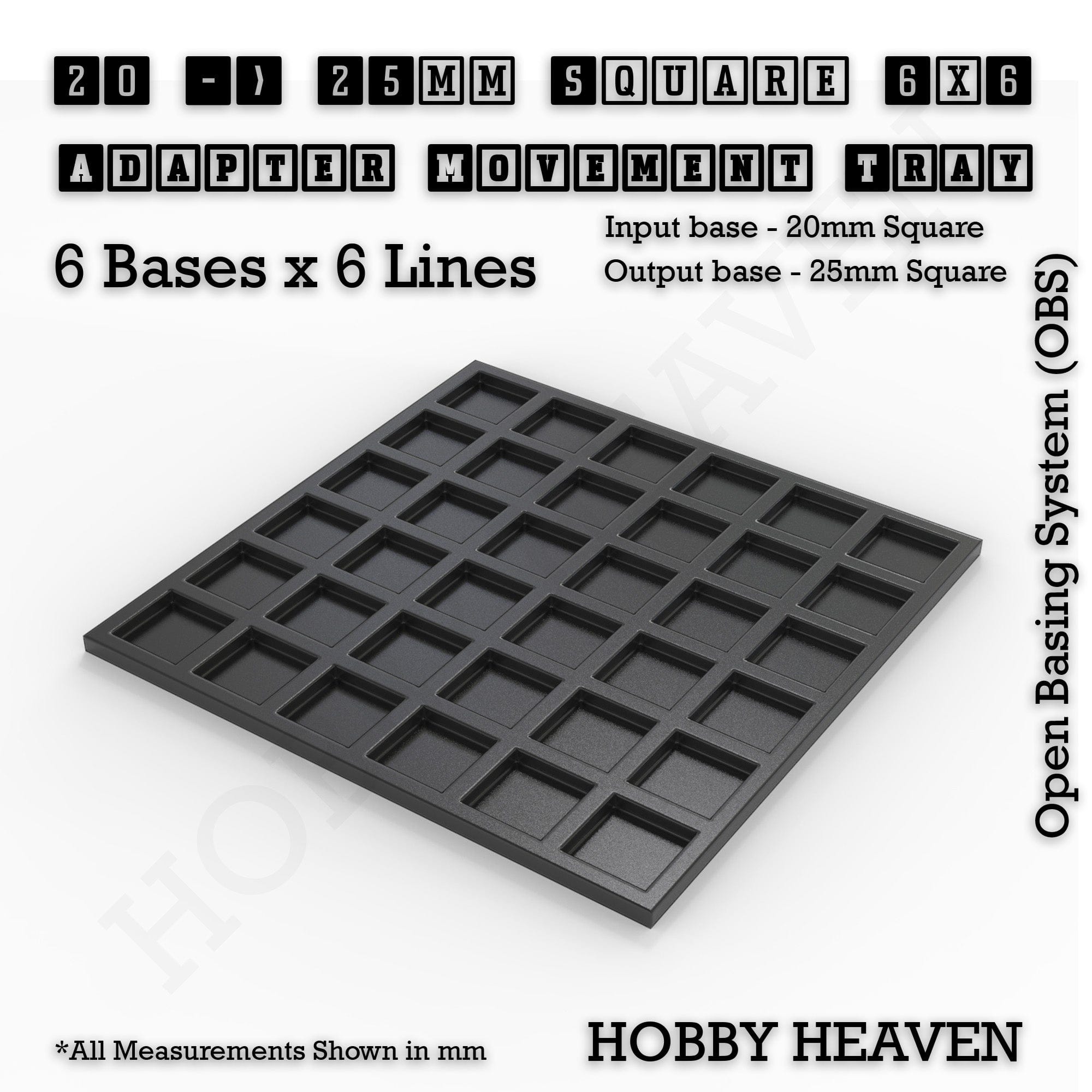 Movement Tray 20 to 25mm Adapter 6x6 (6 bases x 6 Lines) Square and Rectangle Movement Trays Adapters for Tabletop Games