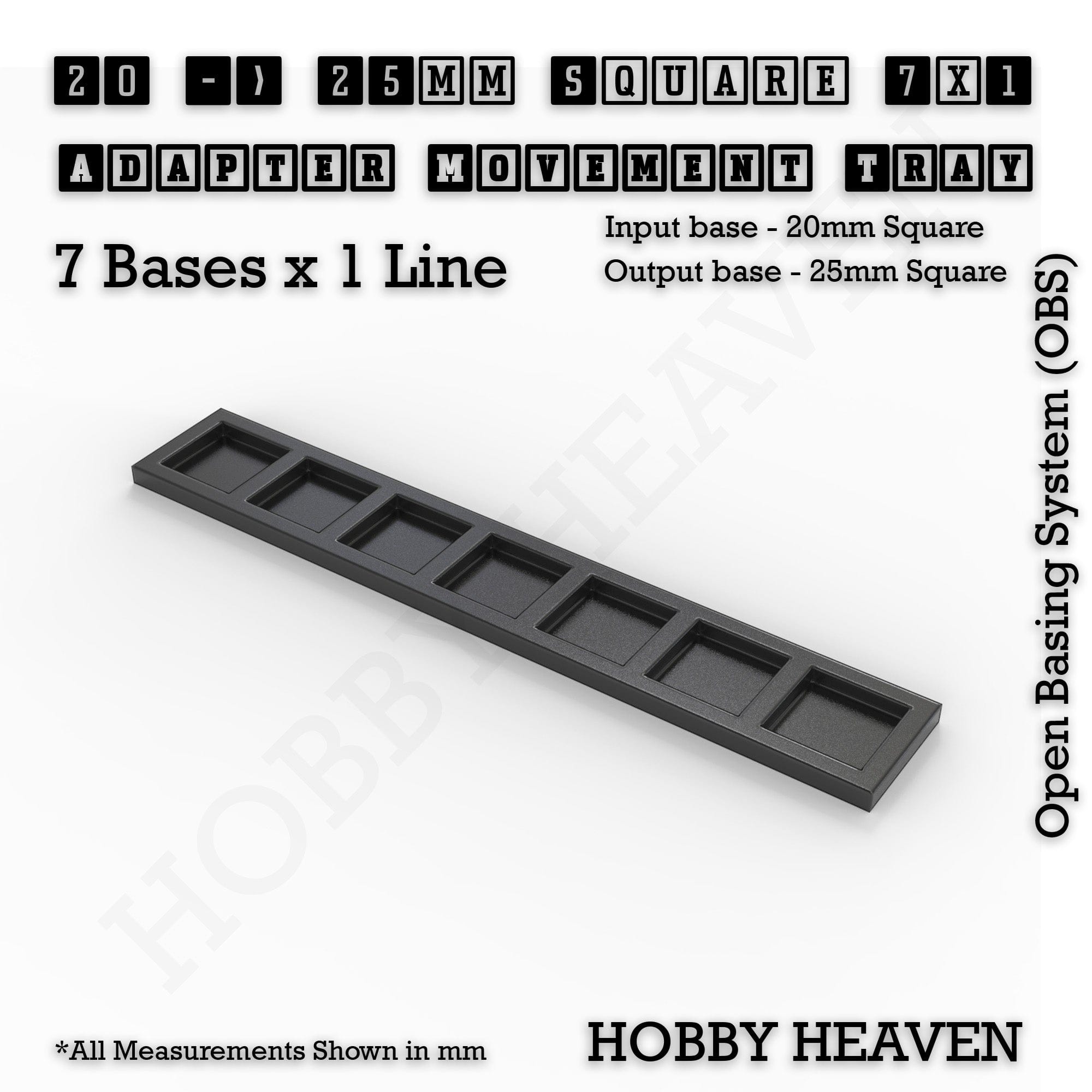 Movement Tray 20 to 25mm Adapter 7x1 (7 bases x 1 Line) Square and Rectangle Movement Trays Adapters for Tabletop Games