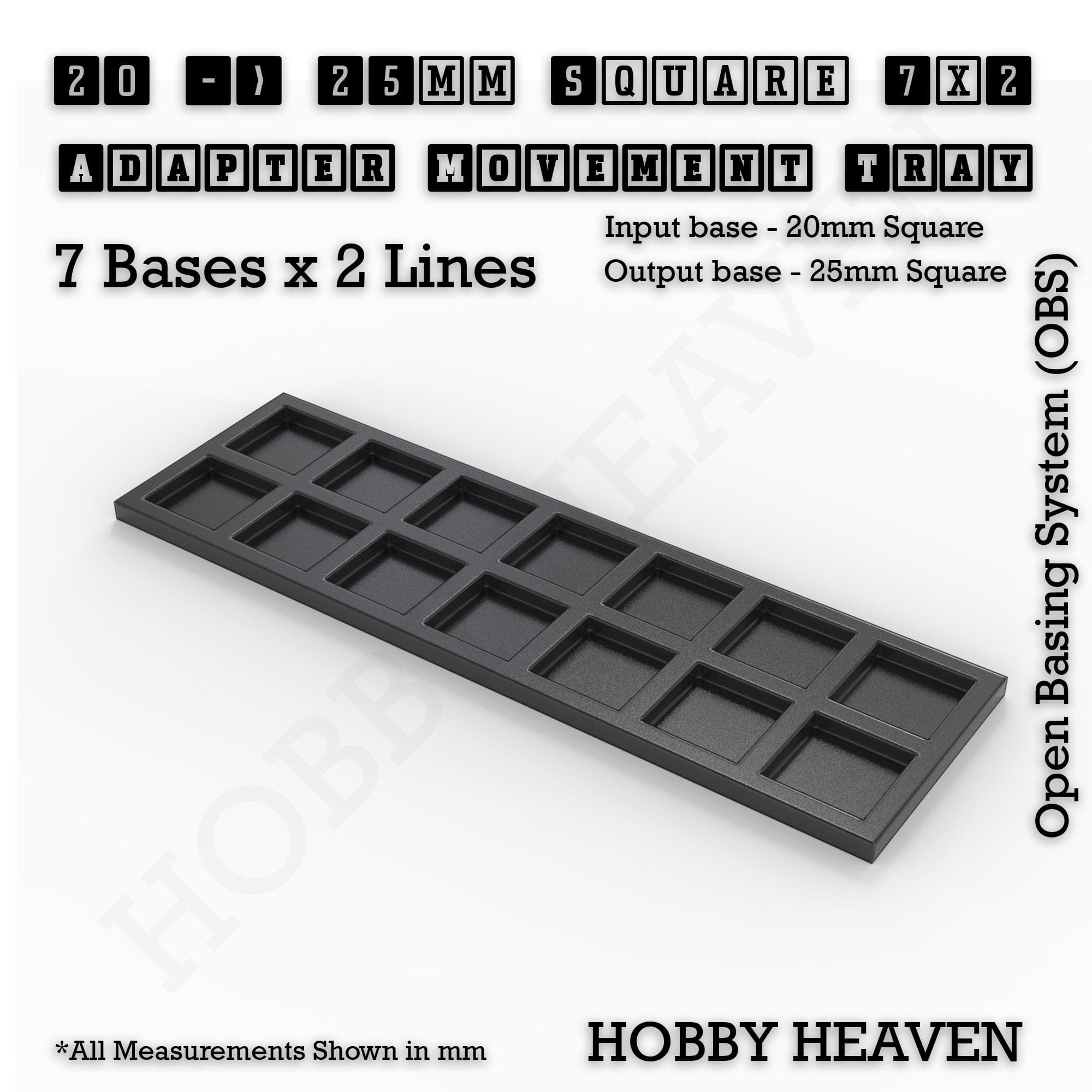 Movement Tray 20 to 25mm Adapter 7x2 (7 bases x 2 Lines) Square and Rectangle Movement Trays Adapters for Tabletop Games