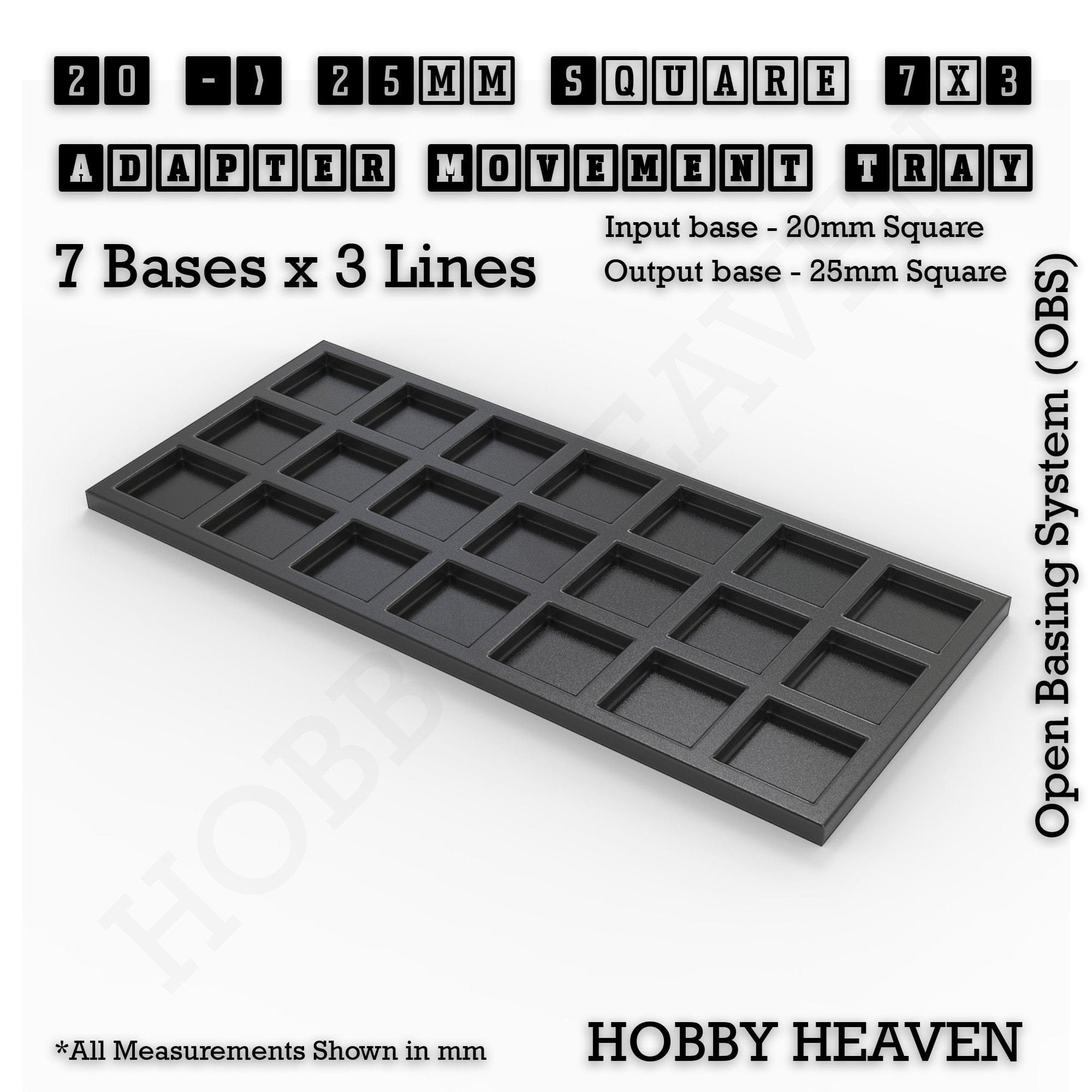 Movement Tray 20 to 25mm Adapter 7x3 (7 bases x 3 Lines) Square and Rectangle Movement Trays Adapters for Tabletop Games