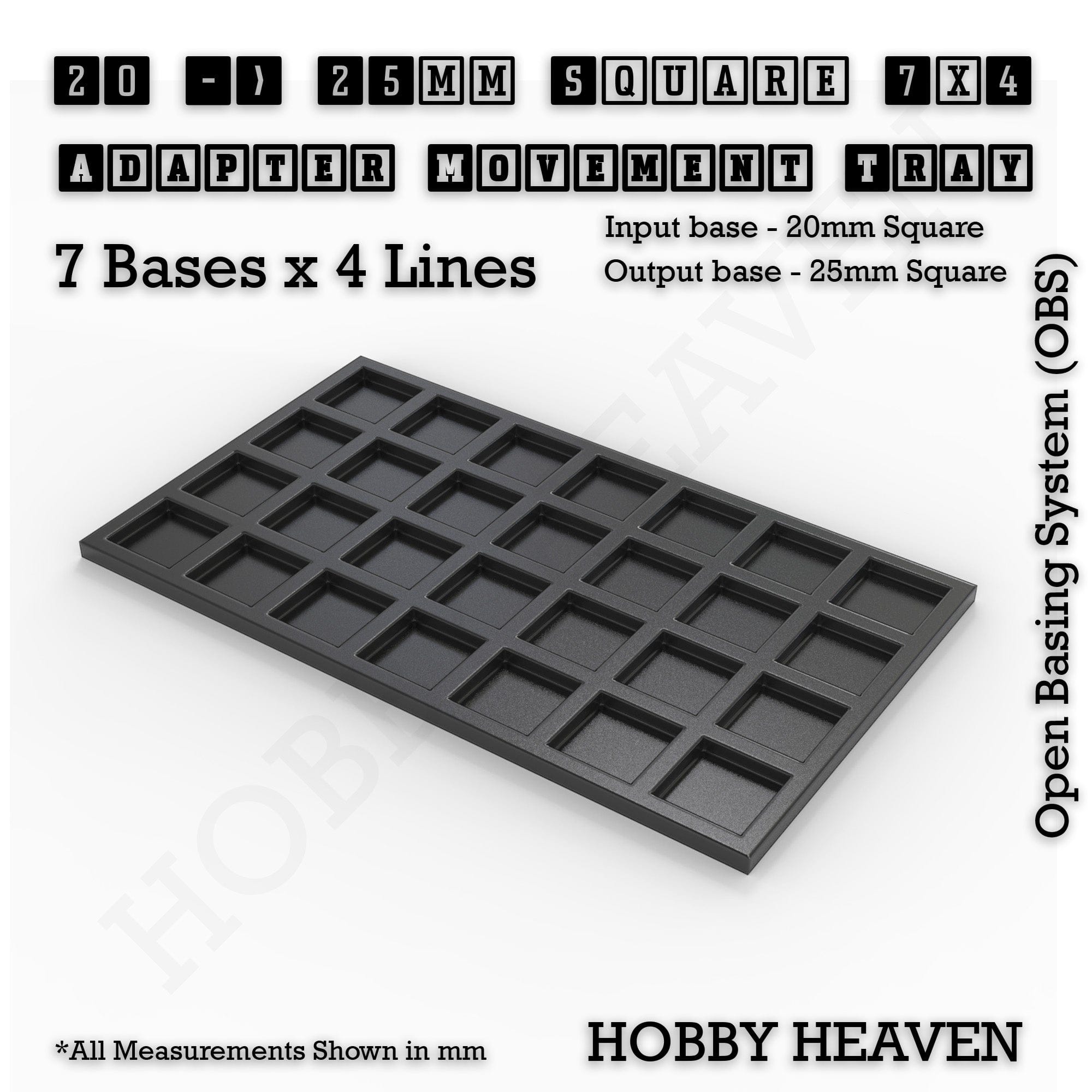 Movement Tray 20 to 25mm Adapter 7x4 (7 bases x 4 Lines) Square and Rectangle Movement Trays Adapters for Tabletop Games