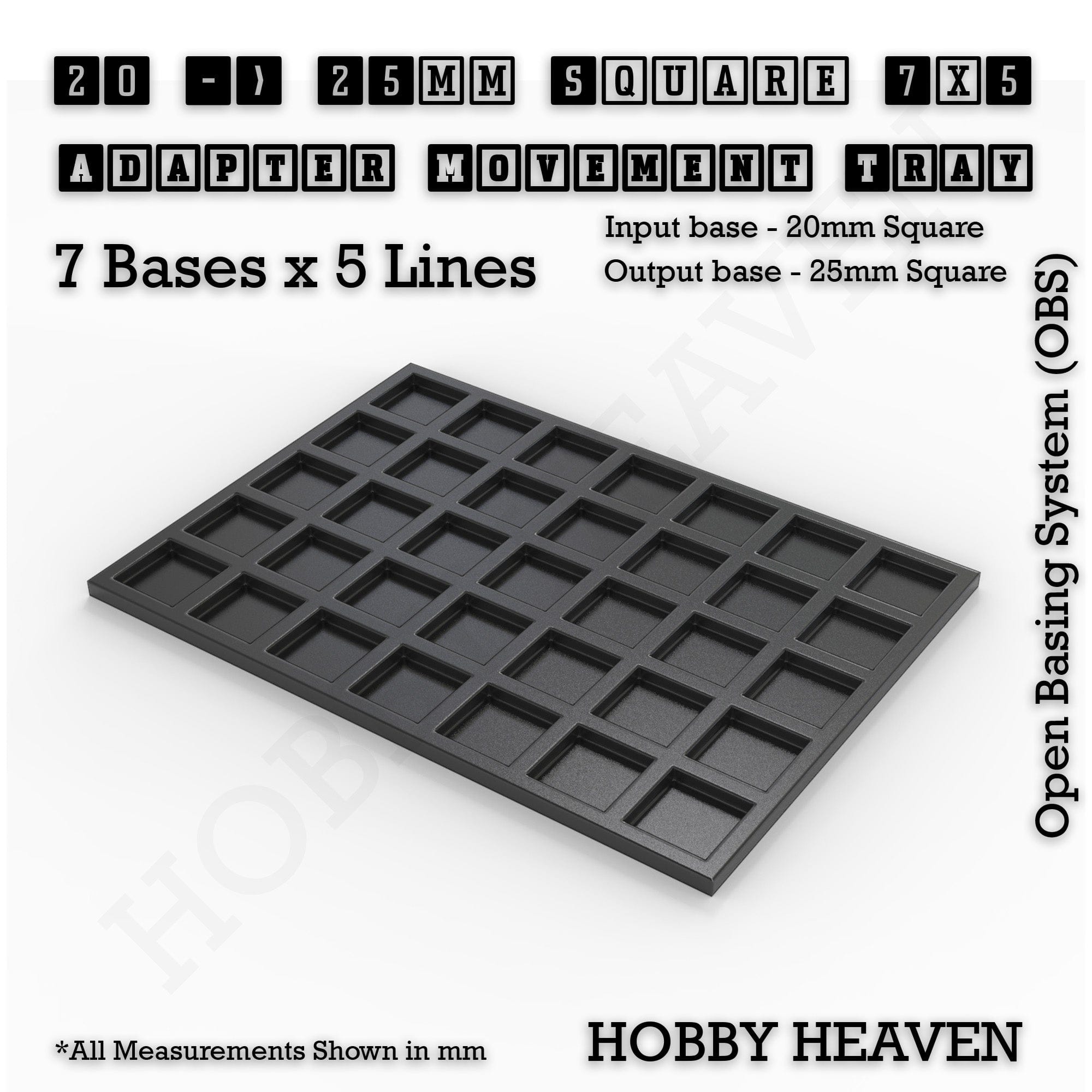 Movement Tray 20 to 25mm Adapter 7x5 (7 bases x 5 Lines) Square and Rectangle Movement Trays Adapters for Tabletop Games